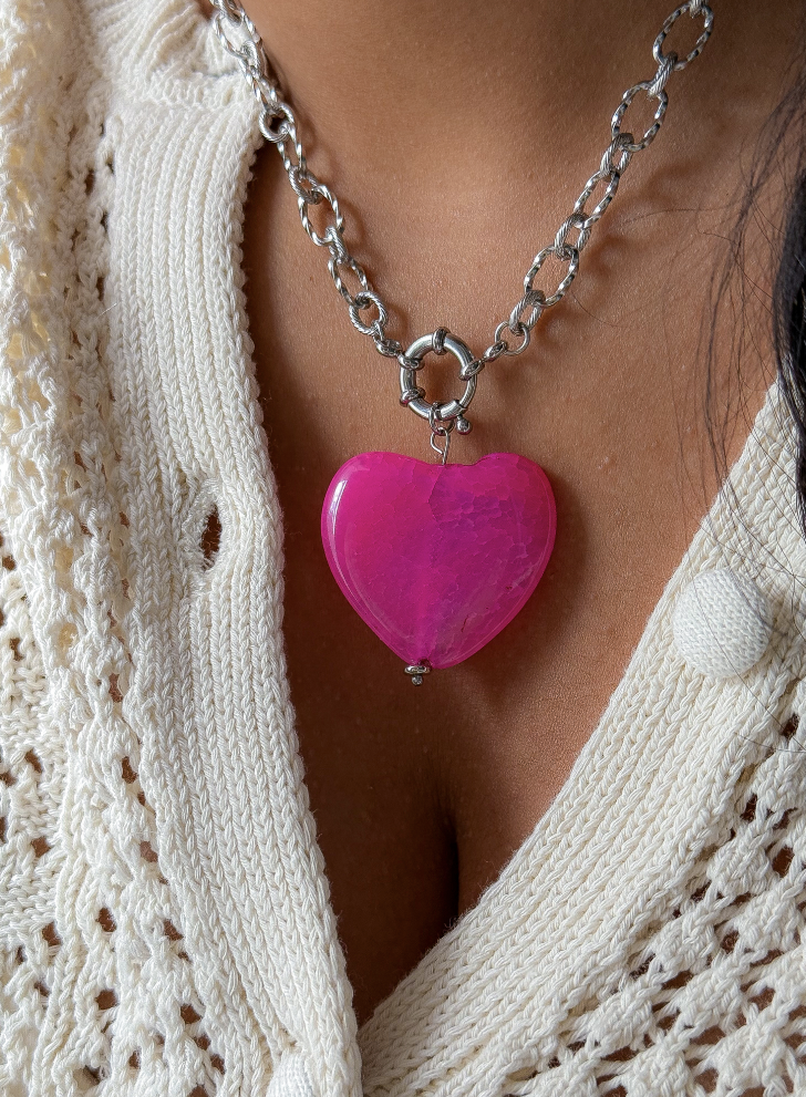 MARIA Necklace - Rose Quartz Stone - Silver