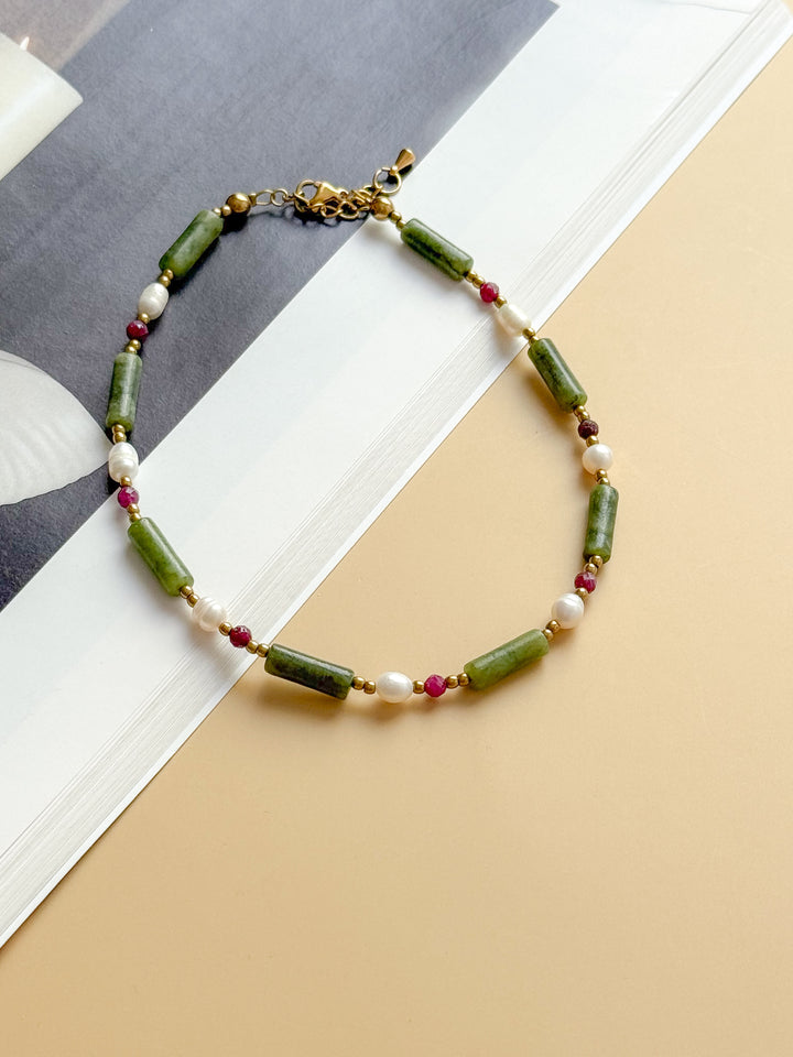 Bracelet de cheville CHLOE -  Aventurine, Rubis & Perle d'eau douce