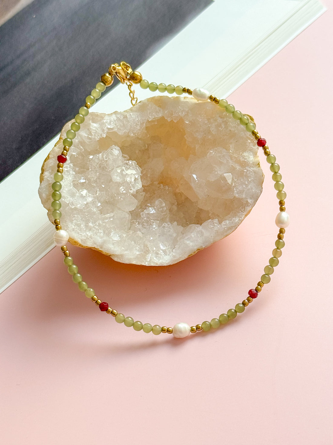 Bracelet de cheville JADE -  Jade Néphrite, Rubis & Perle d'eau douce