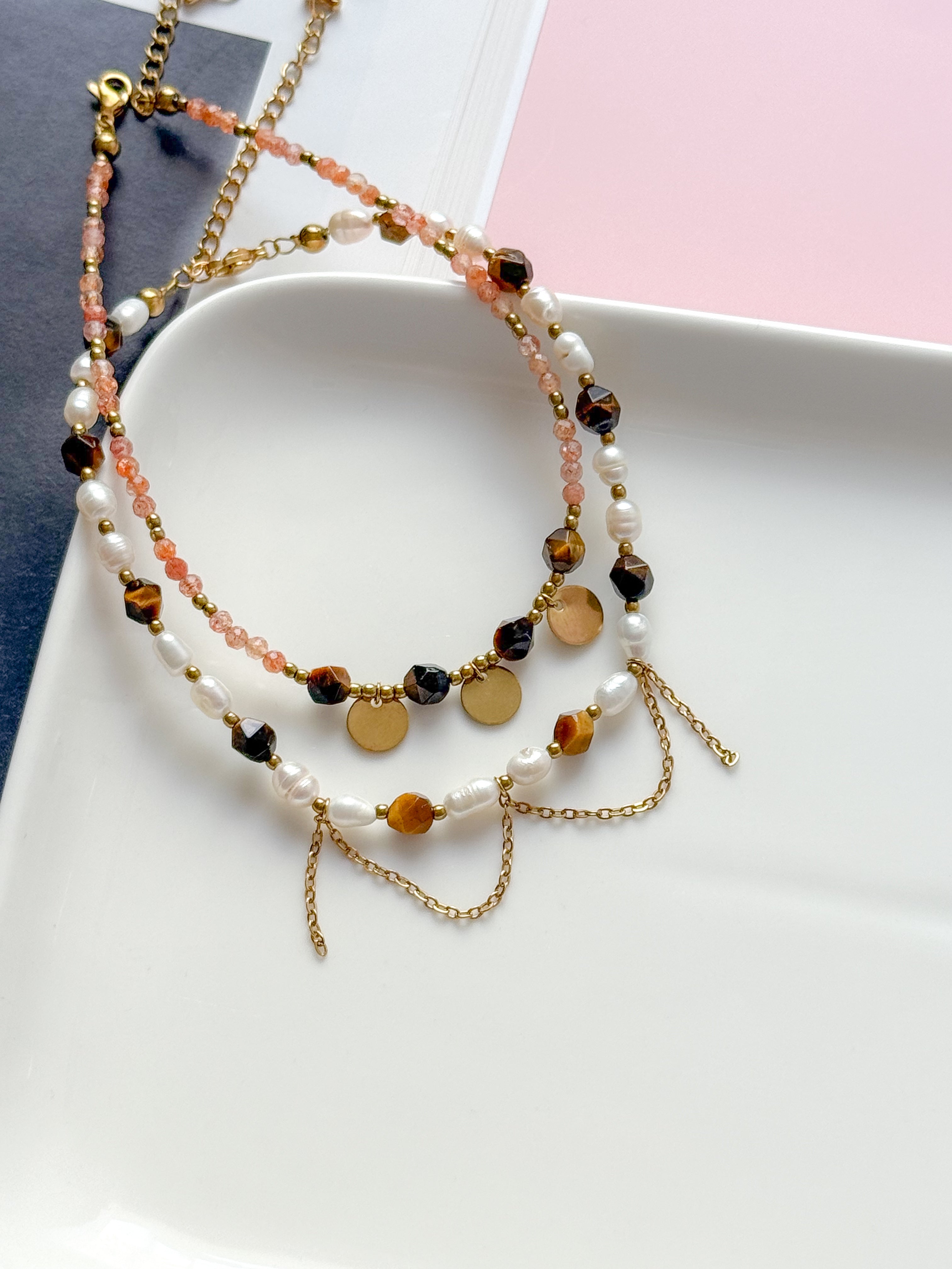 Bracelet de cheville LAURE -  Oeil de Tigre & Perle d'eau douce