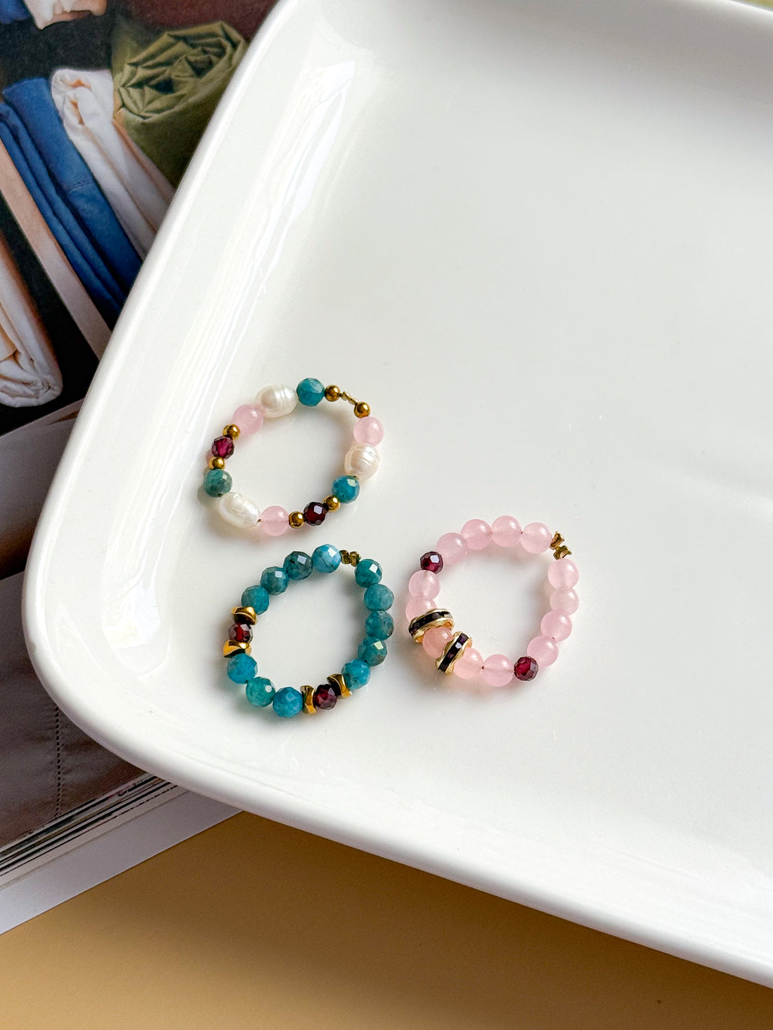 Bagues de birks - Turquoise, Grenat, Quartz rose & Perle d'eau douce
