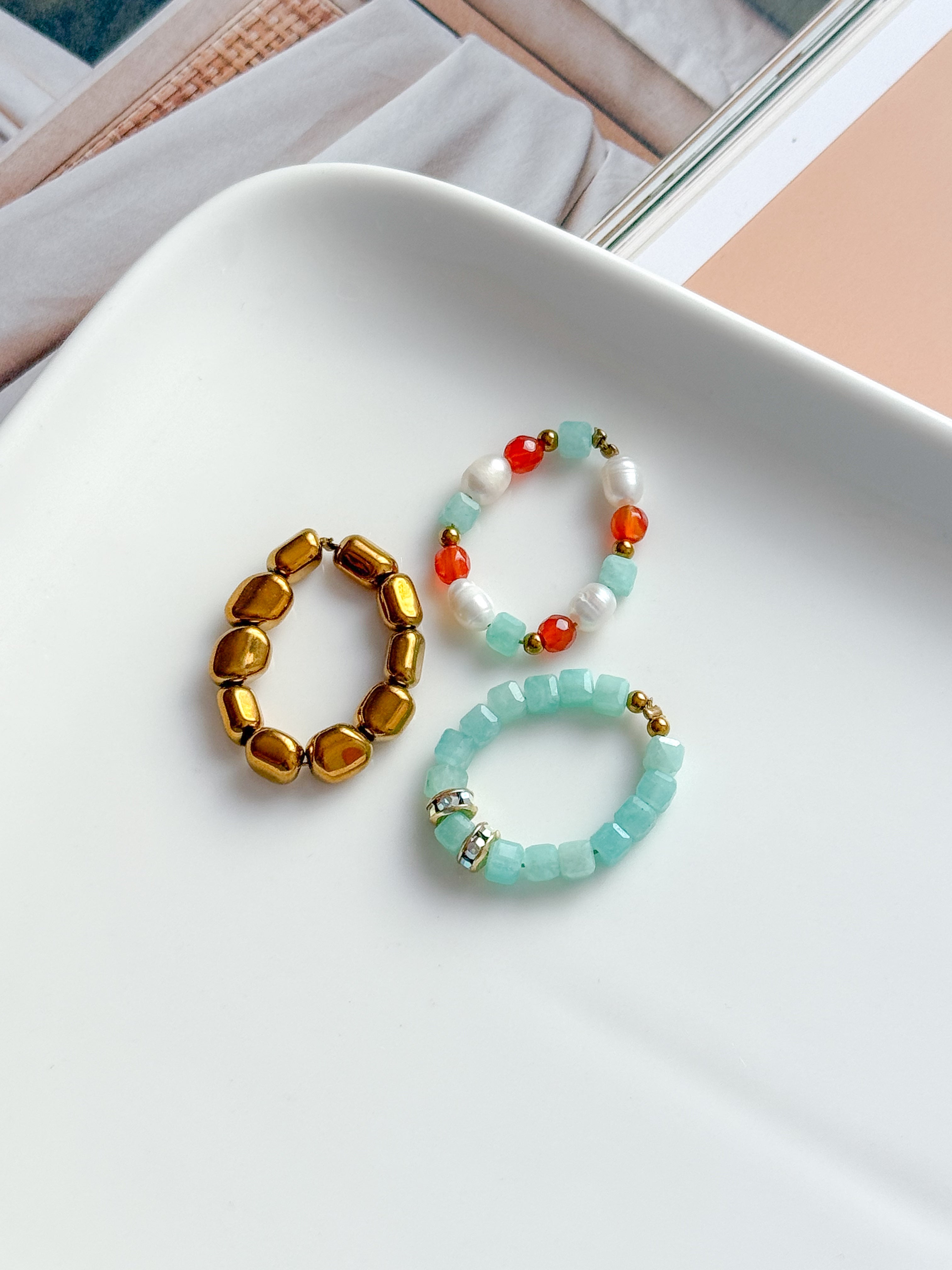 Bagues de birks - Amazonite, Agate orange & Perle d'eau douce