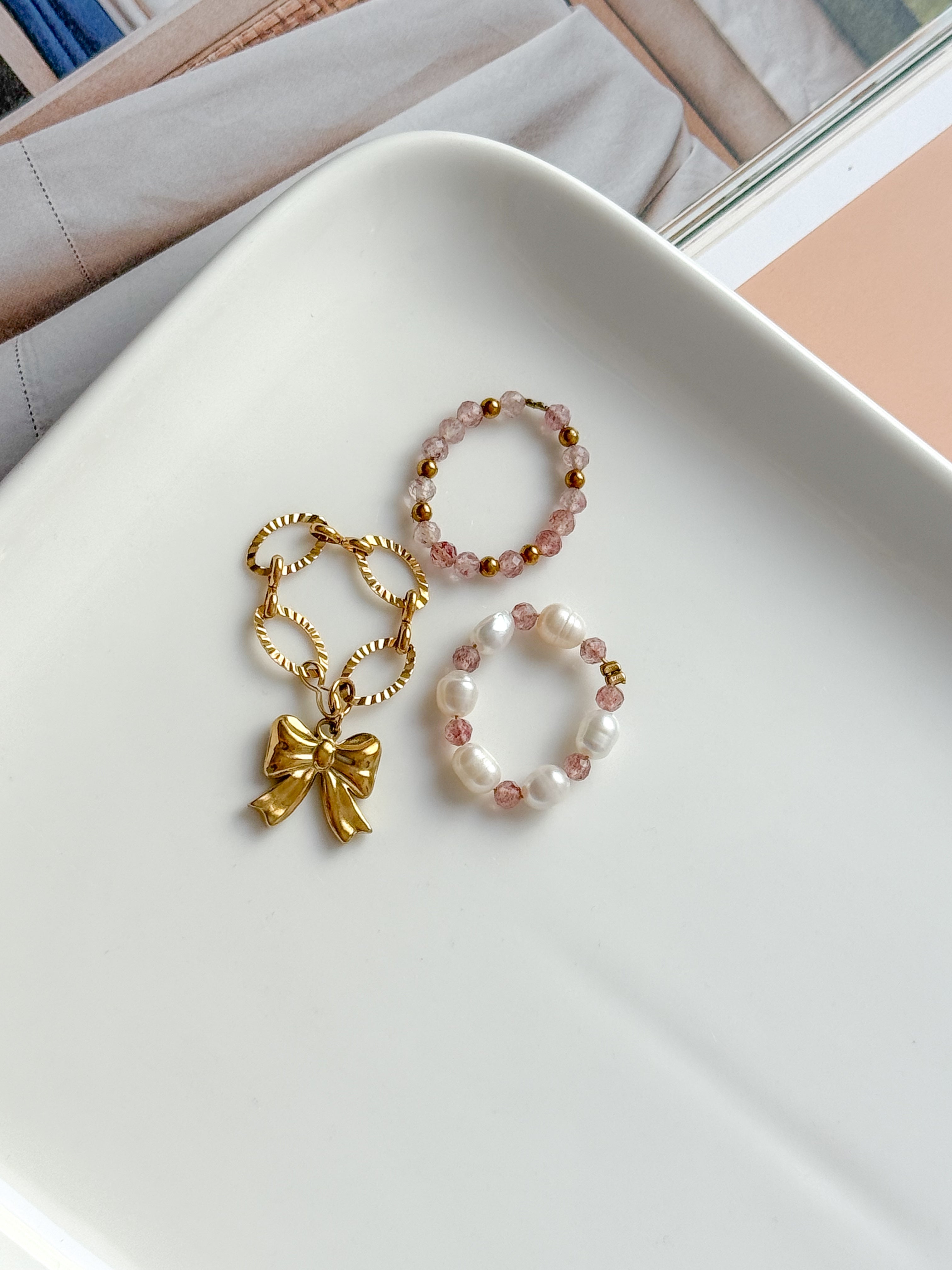 Bagues de birks - Quartz fraise & Perle d'eau douce
