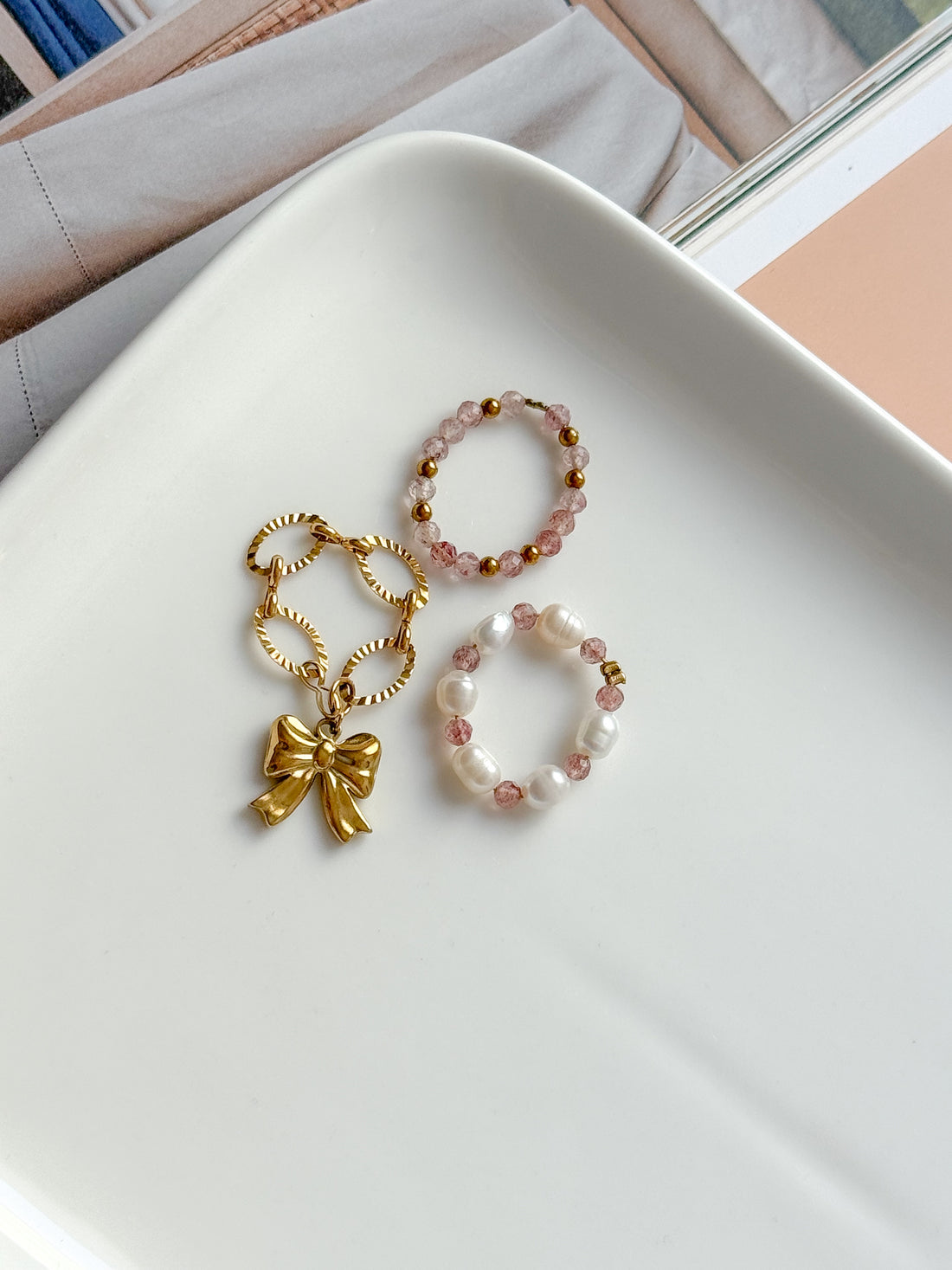 Bagues de birks - Quartz fraise & Perle d'eau douce