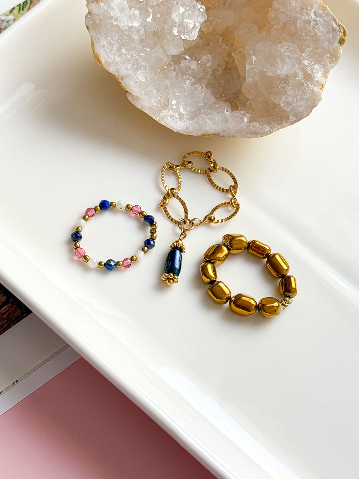 Bagues de birks - Perle d'eau douce, Quartz rose, Pierre de Lune  & Lapis lazuli