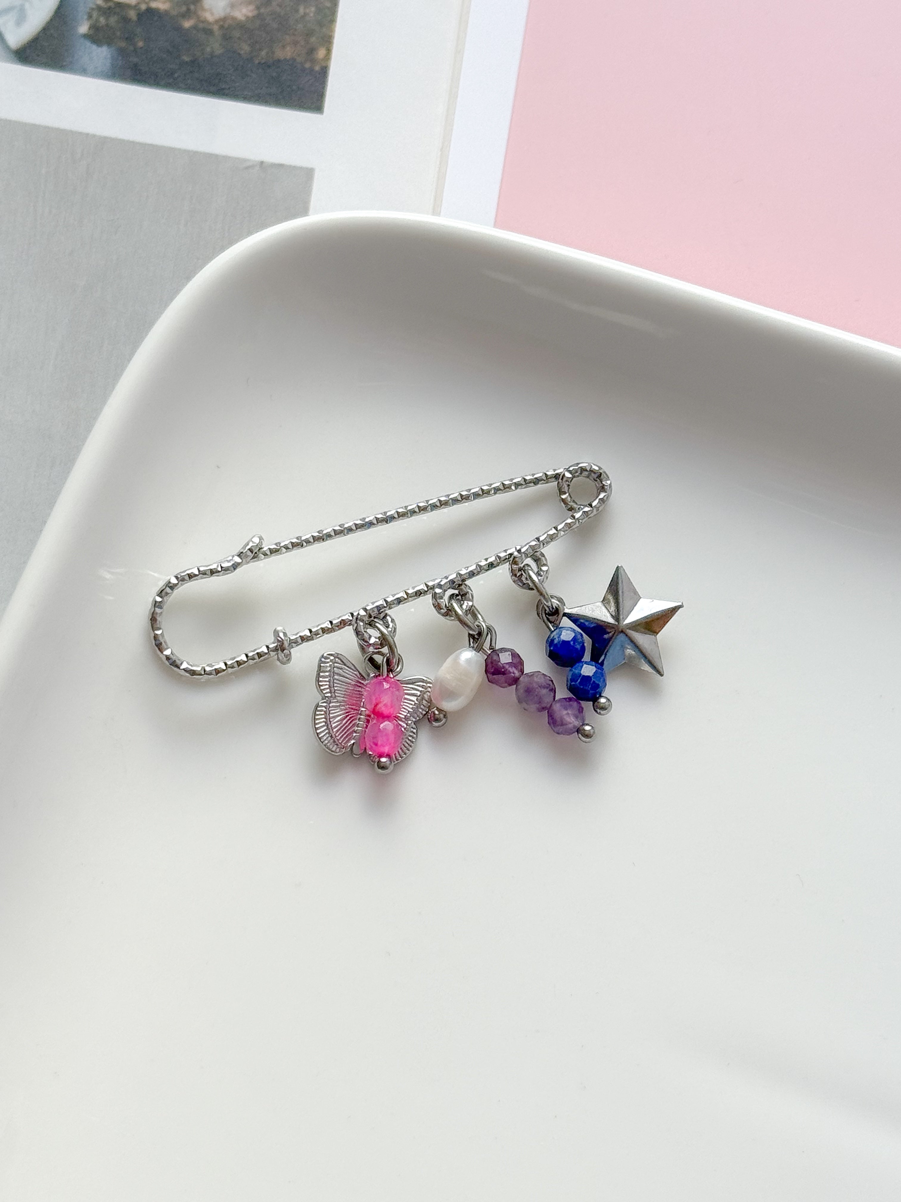 Épingle chaussures TINA - Agate rose, Lapis Lazuli & Améthyste