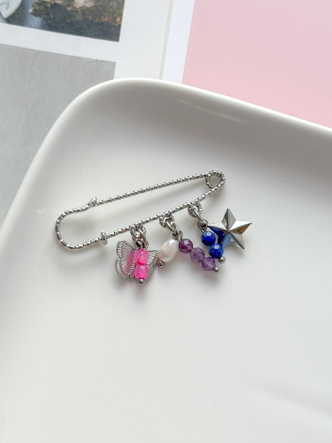Épingle chaussures TINA - Agate rose, Lapis Lazuli & Améthyste