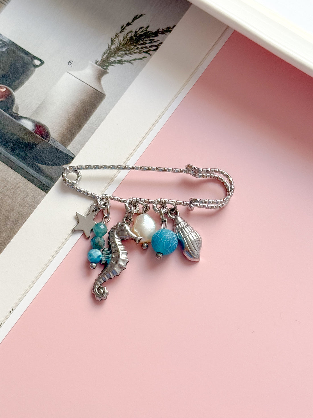 Épingle/broche SOFIA argent - Agate bleue, Apatite & Perle d'eau douce