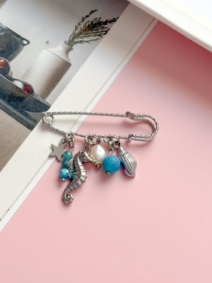 Épingle/broche SOFIA argent - Agate bleue, Apatite & Perle d'eau douce