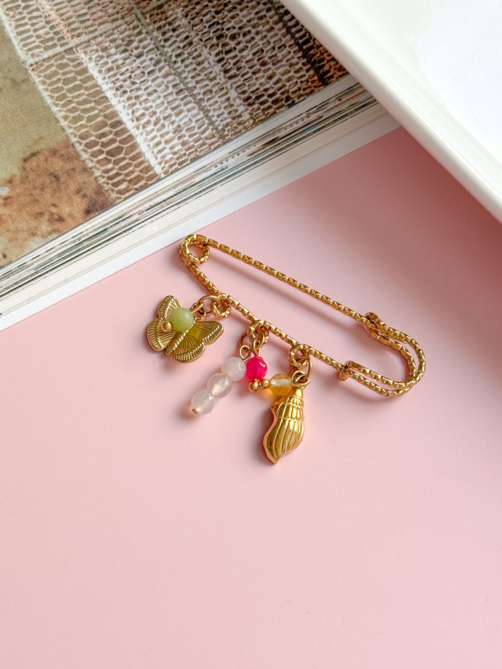 Épingle/broche LUCIE - Serpentine, Pierre de Lune, Agate rose & orange