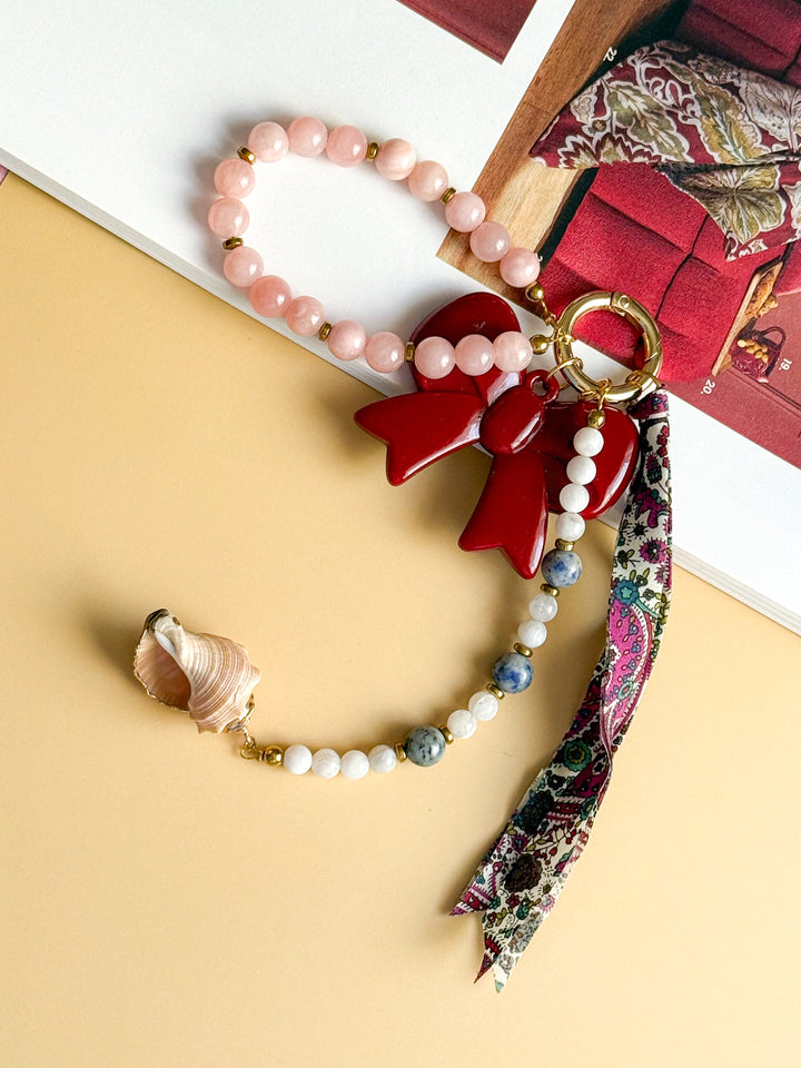 Porte-clés grigris GLADYS - Calcite rose, Pierre de lune & Sodalite