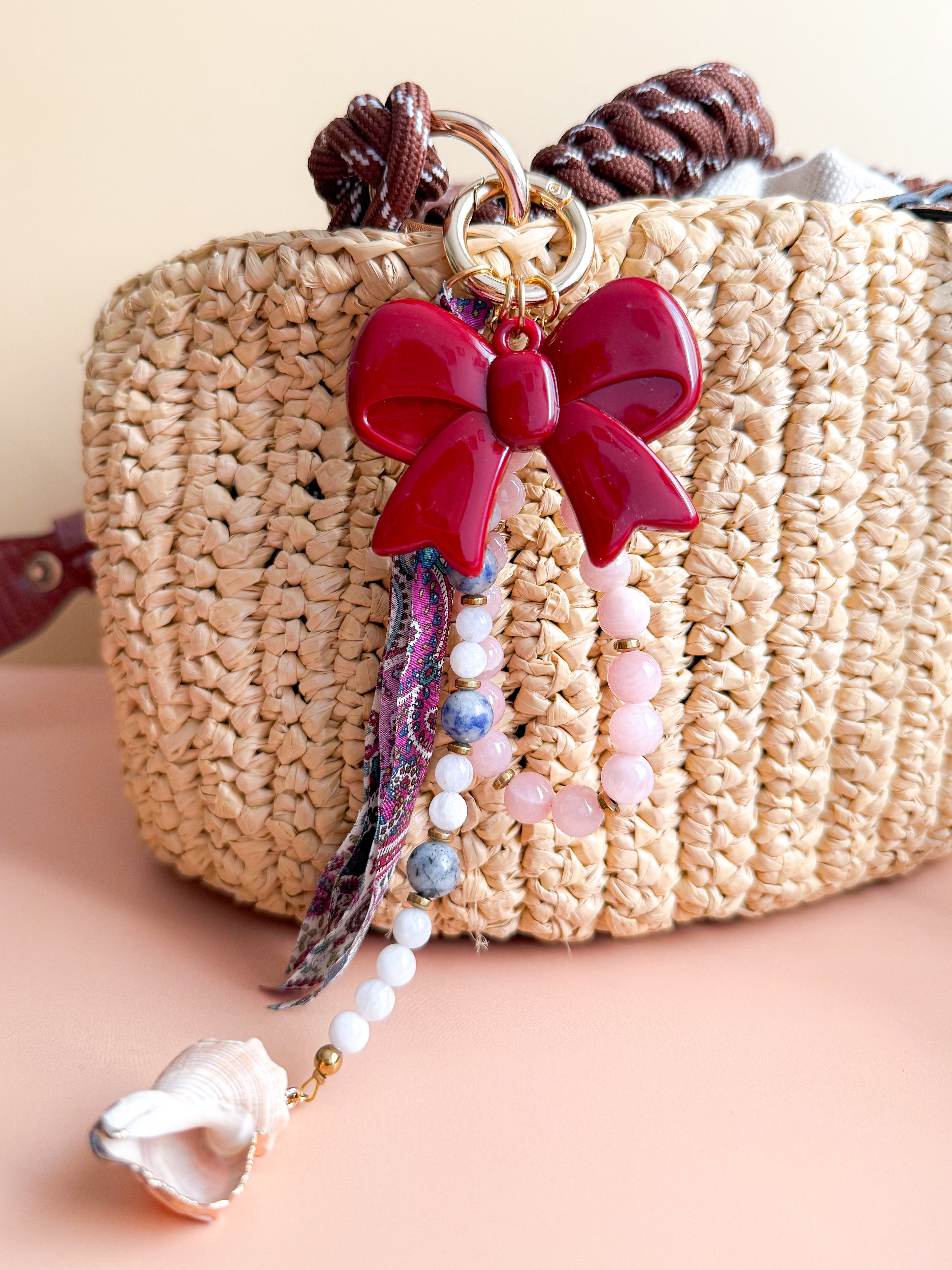 Porte-clés grigris GLADYS - Calcite rose, Pierre de lune & Sodalite