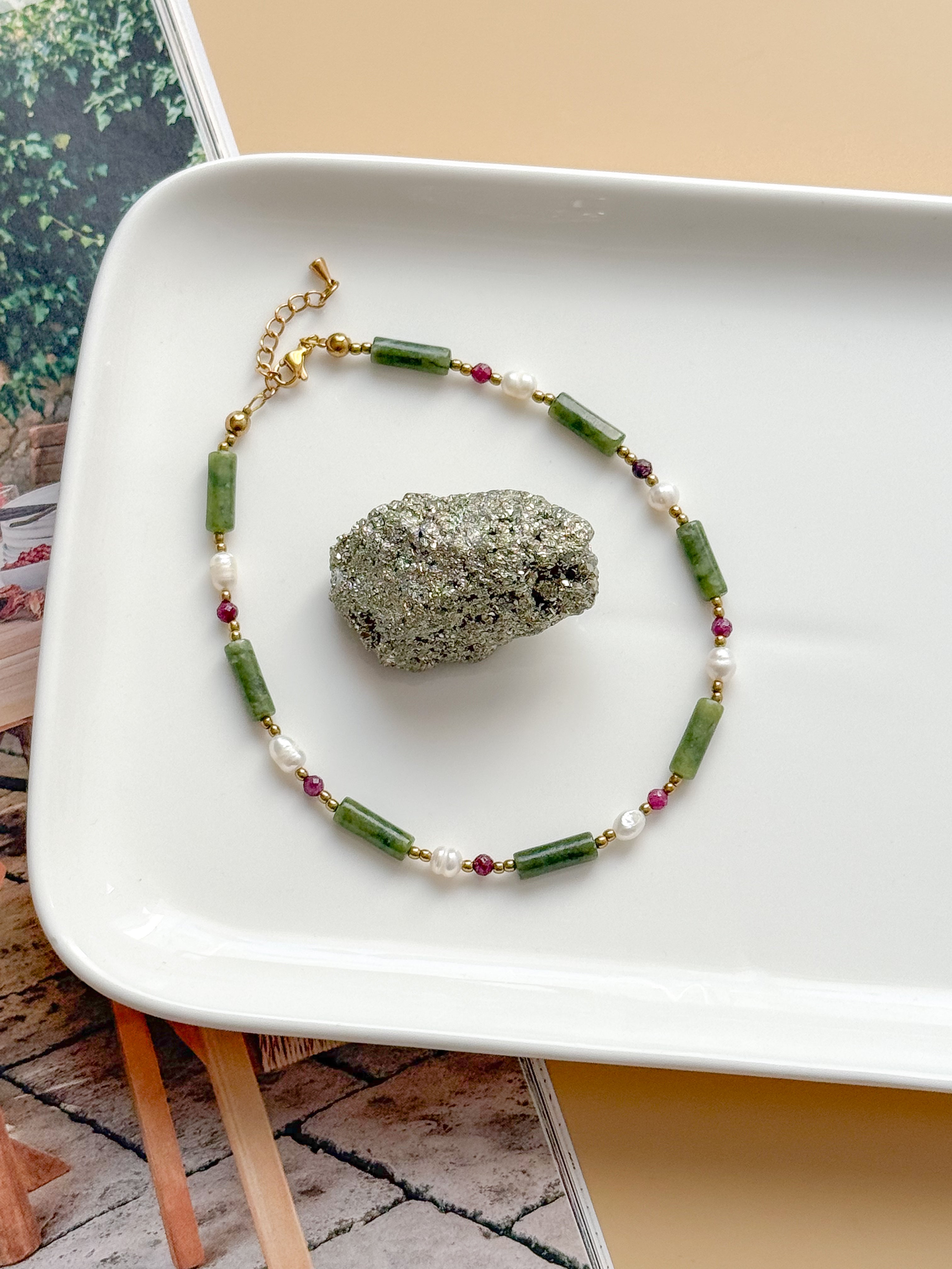 Bracelet de cheville CHLOE -  Aventurine, Rubis & Perle d'eau douce