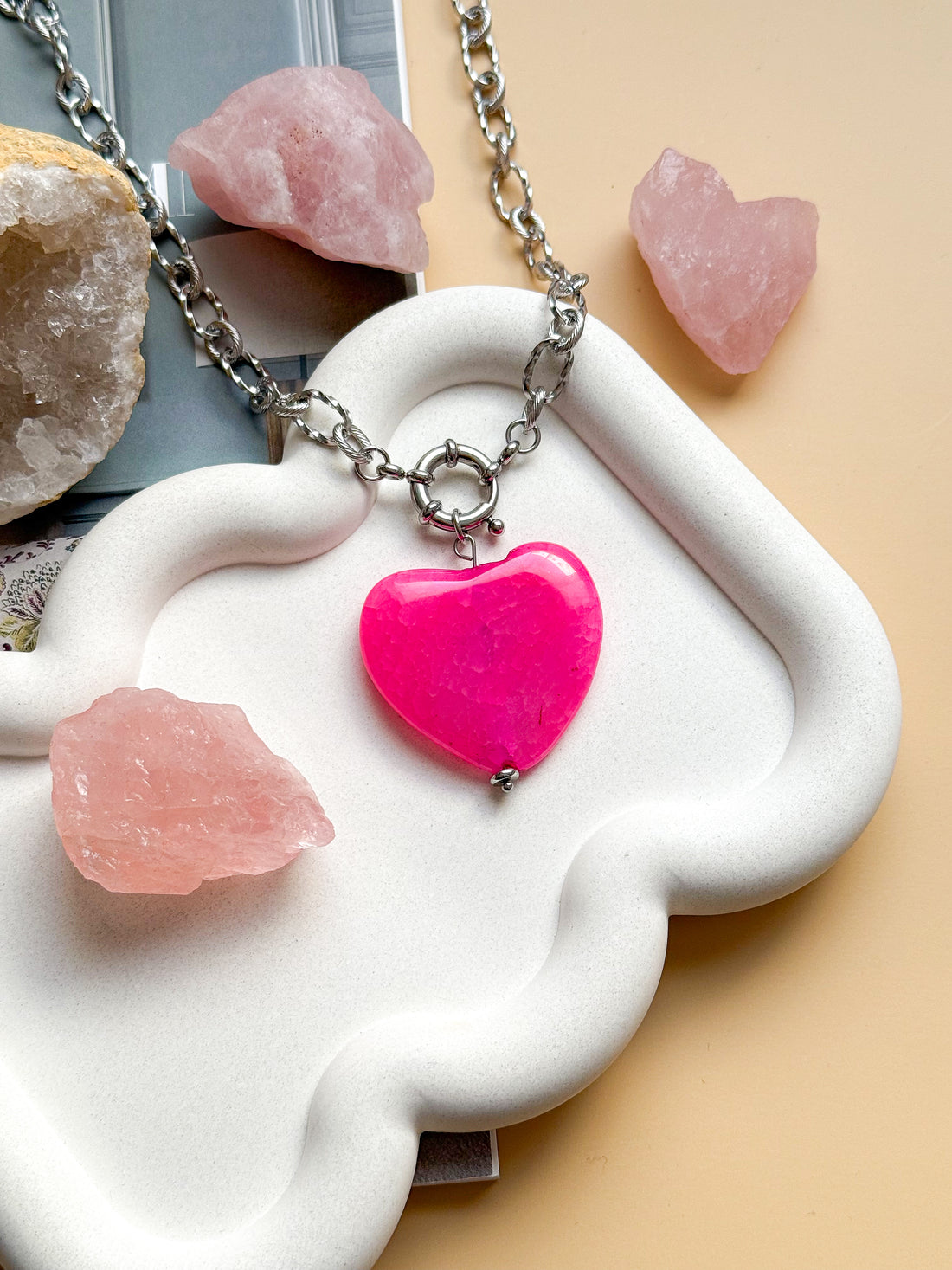 MARIA Necklace - Rose Quartz Stone - Silver