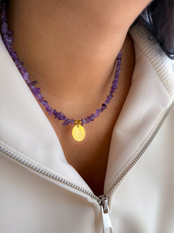 Collier CAMÉLIA personnalisable Fleur de Naissance - Améthyste : Protection, lâcher-prise, clarté mentale