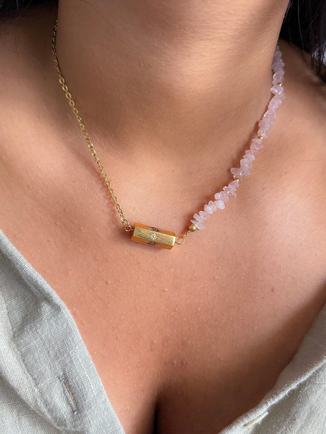 NATHALIE Asymmetrical Necklace - Rose Quartz