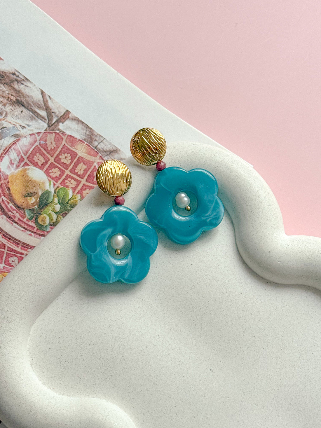 Boucles d'oreilles DOVIE turquoise - Rhodonite et Perle d'eau douce