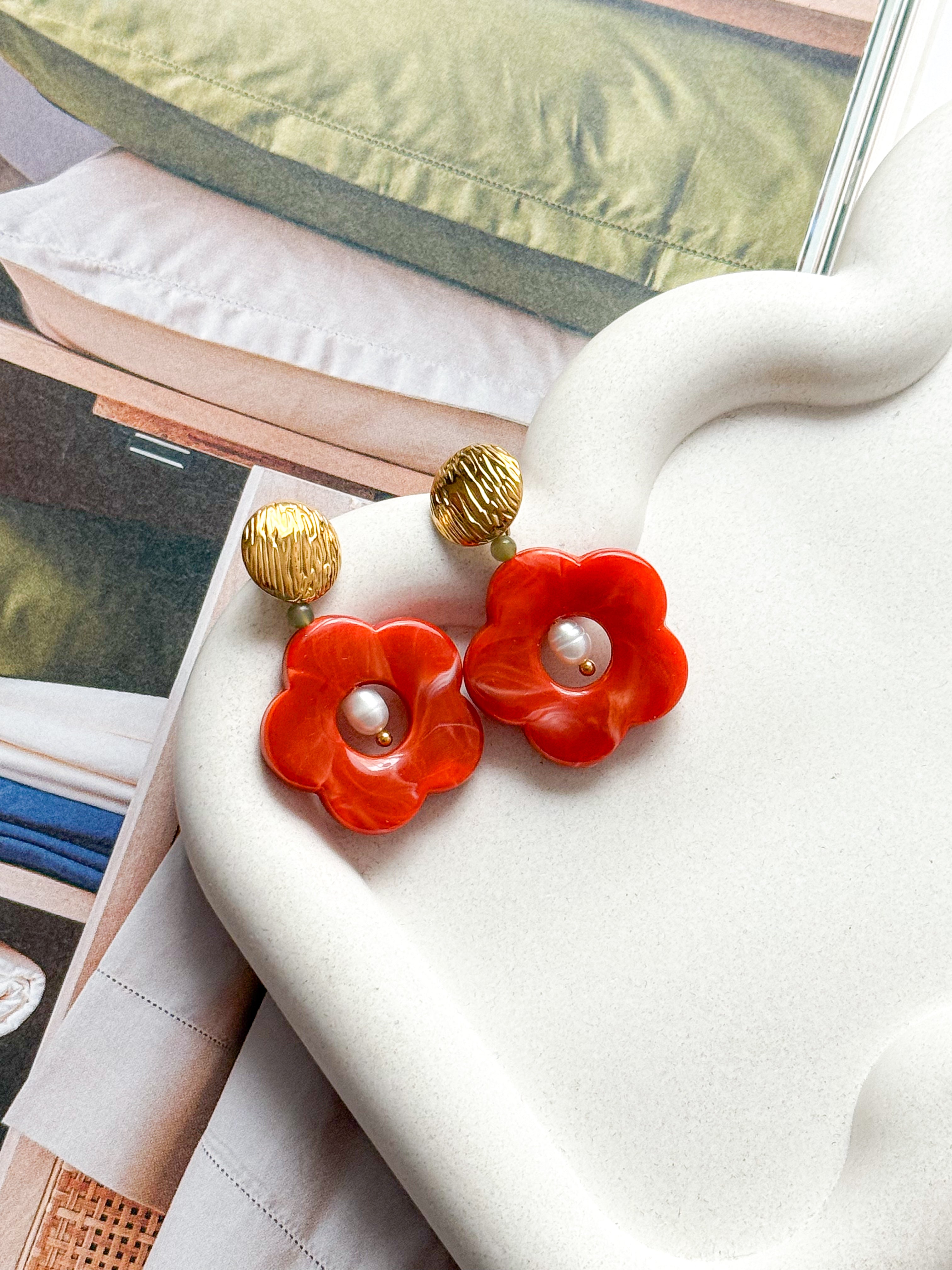 Boucles d'oreilles DOVIE rouge - Jade néphrite et Perle d'eau douce