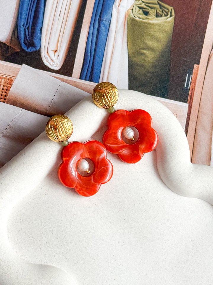 Boucles d'oreilles DOVIE rouge - Jade néphrite et Perle d'eau douce
