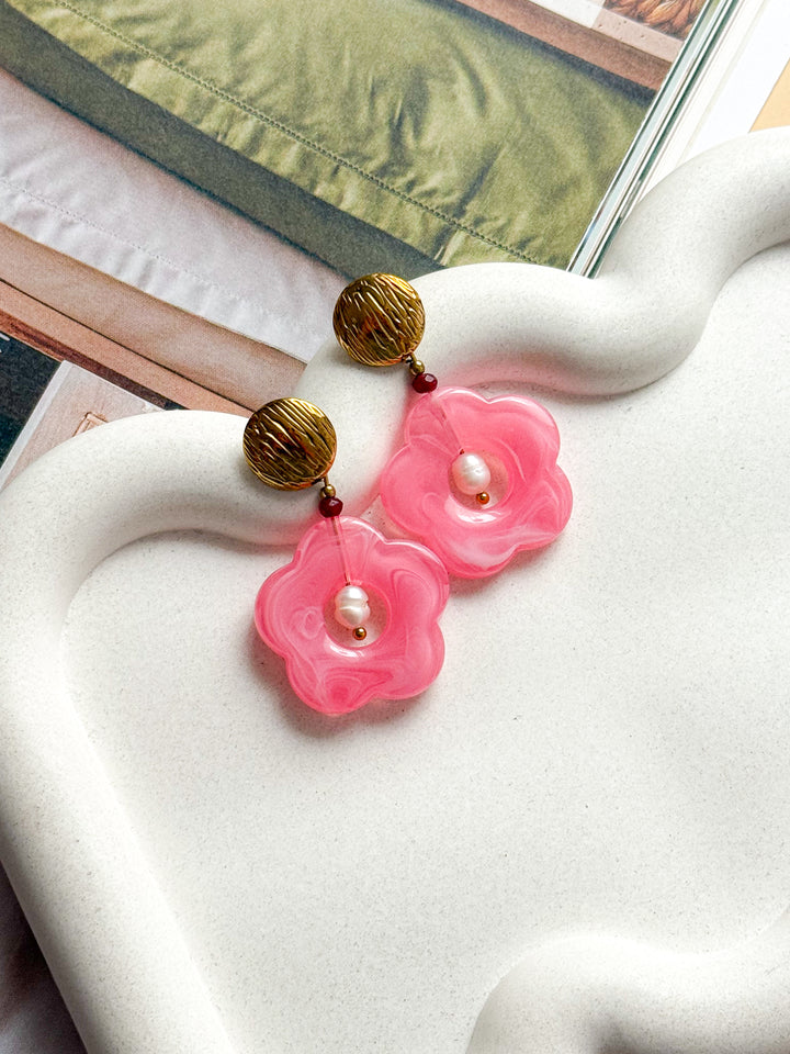 Boucles d'oreilles DOVIE rose - Jade bordeaux et Perle d'eau douce