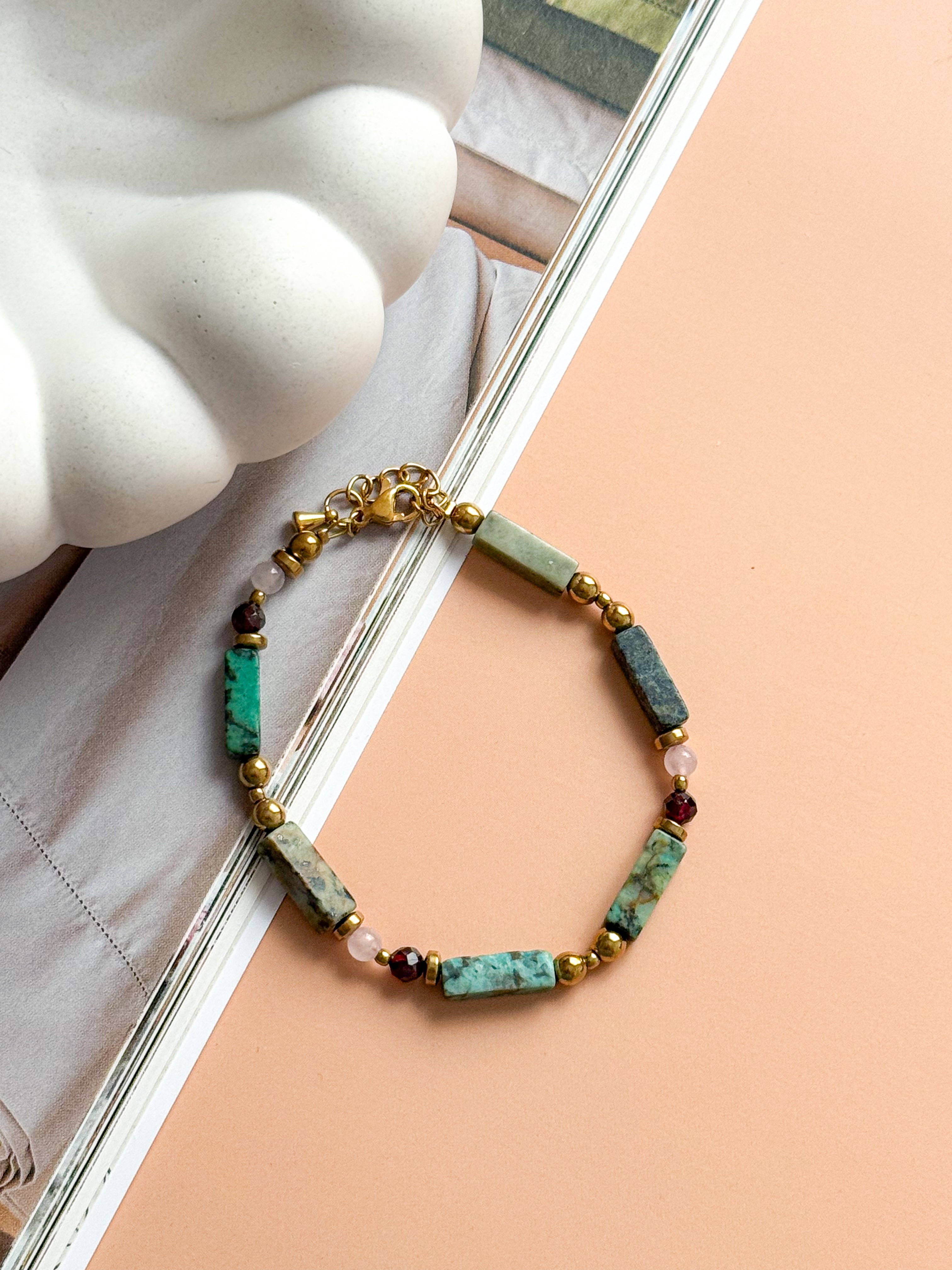 Bracelet SUZETTE - Turquoise, Grenat, Quartz rose