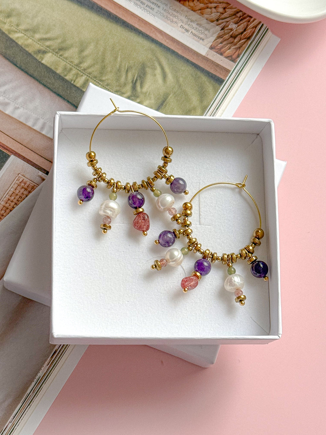 Créoles MAUREEN - Améthyste, Quartz fraise, Jade Néphrtite