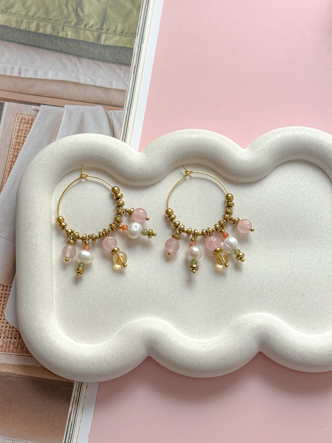 Créoles MAUREEN - Quartz rose, Citrine, Pierre de Soleil, Jade Néphrite