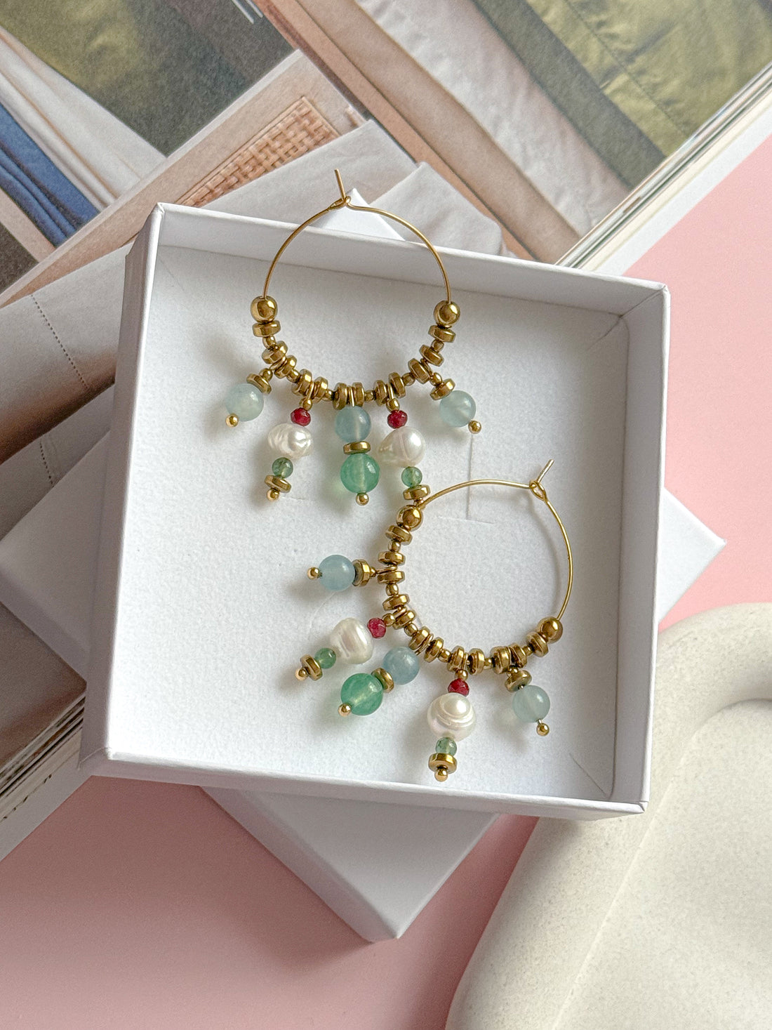 Créoles MAUREEN - Aigue-marine, Aventurine, Jade bordeaux