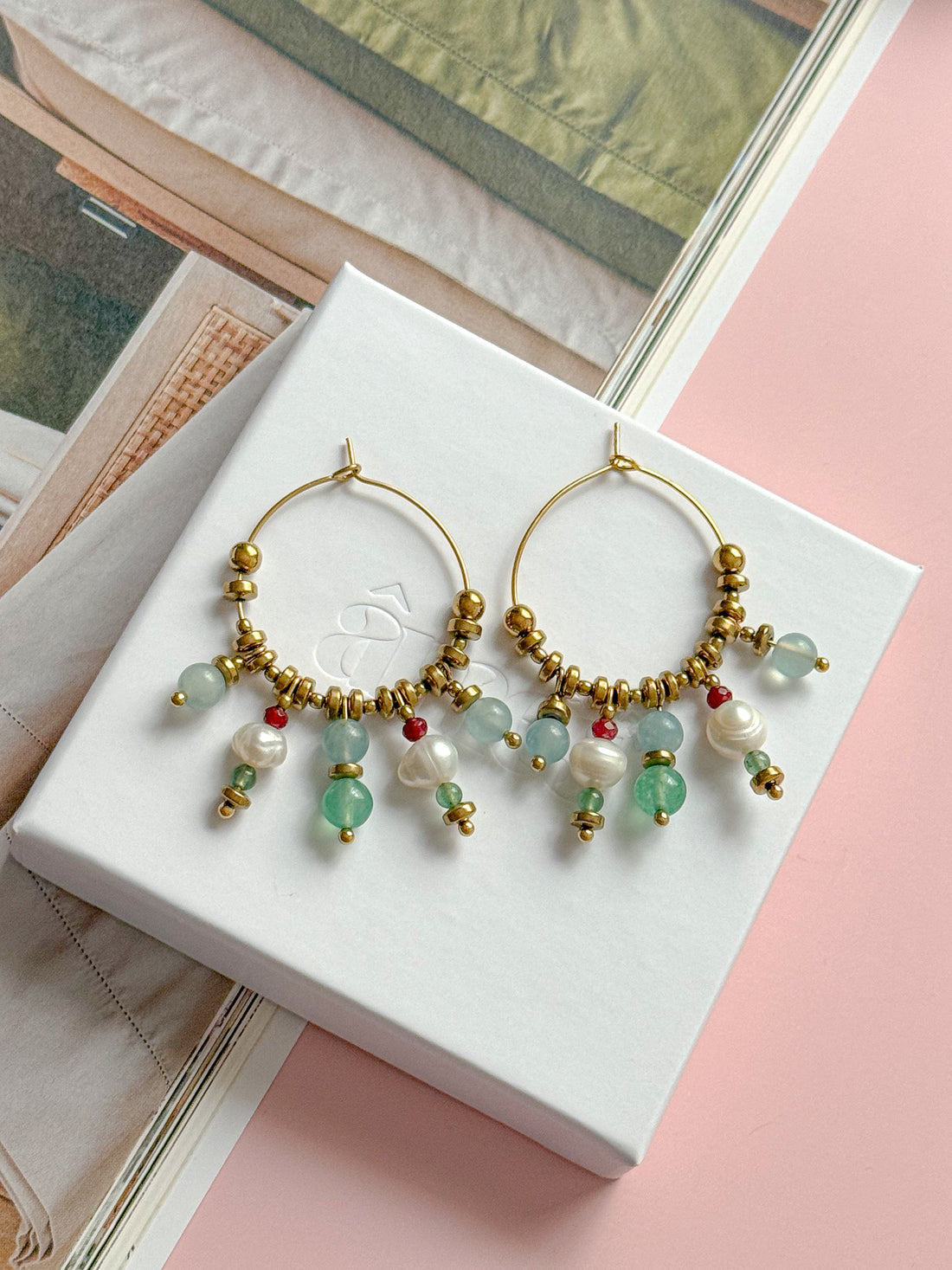 Créoles MAUREEN - Aigue-marine, Aventurine, Jade bordeaux
