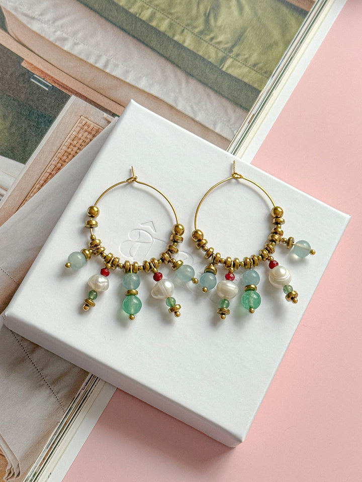 Créoles MAUREEN - Aigue-marine, Aventurine, Jade bordeaux