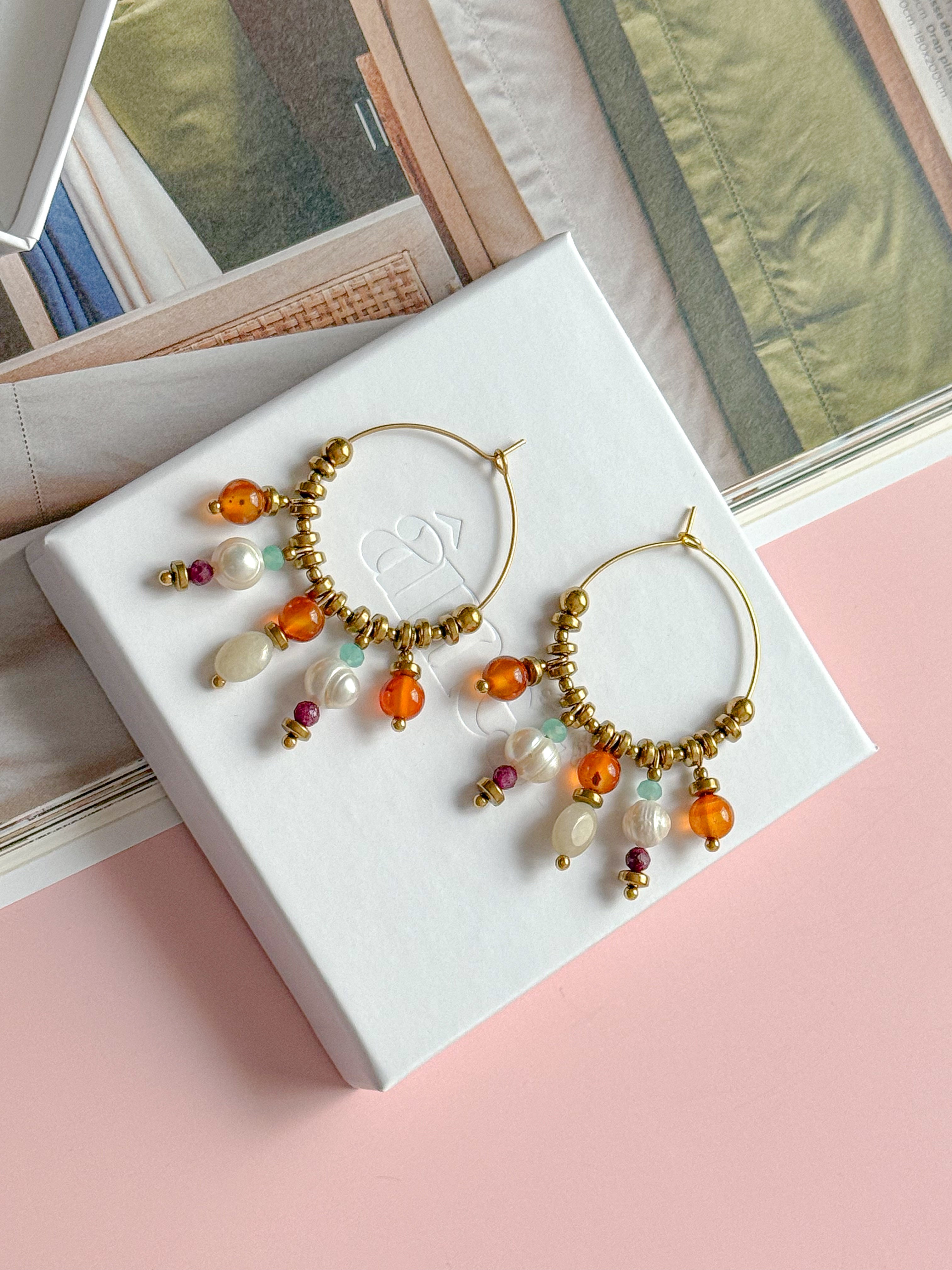 Créoles MAUREEN - Cornaline, Citrine, Amazonite, Rubis