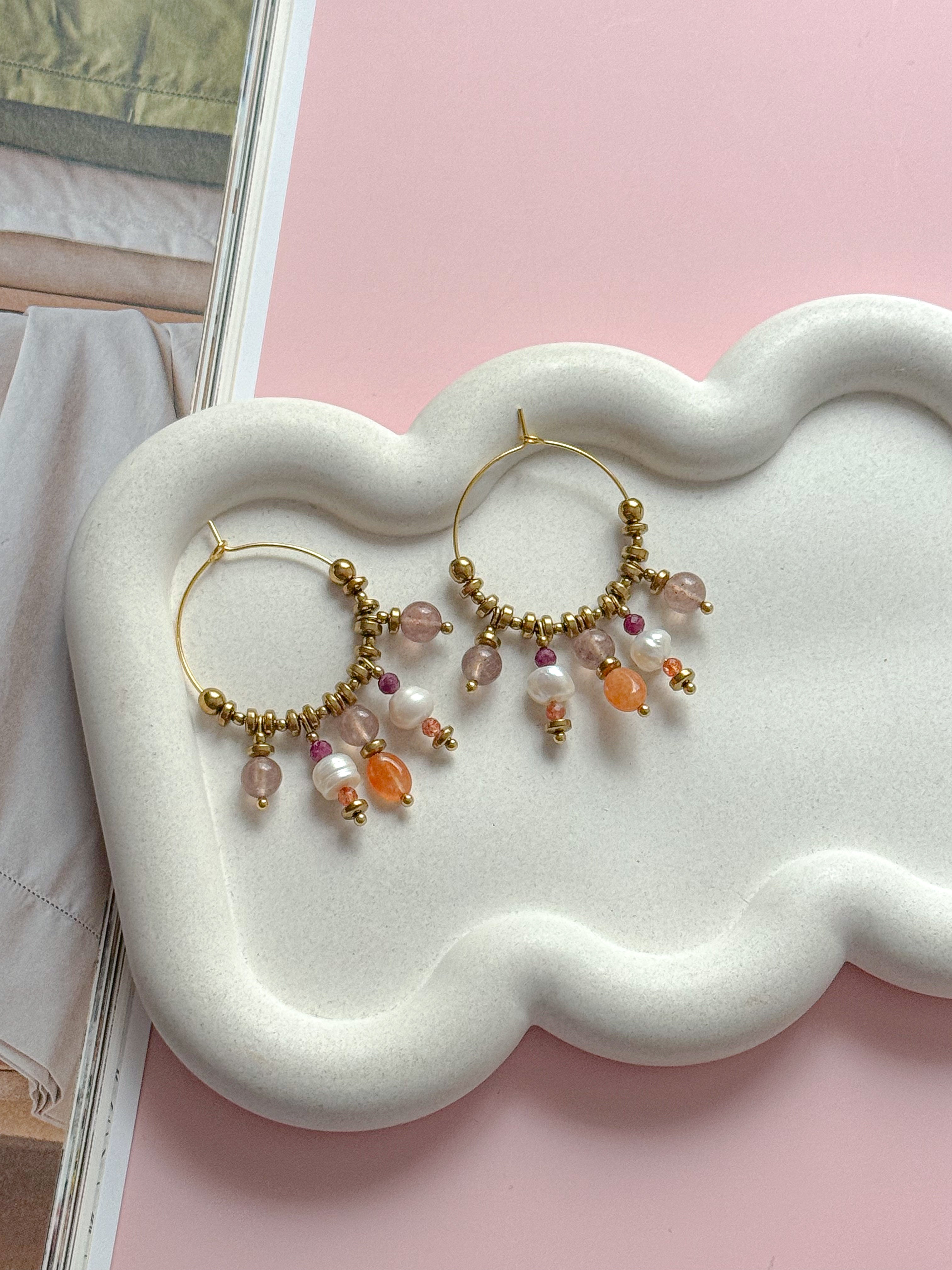 Créoles MAUREEN - Quartz fraise, Rubis, Pierre de Soleil, Aventurine orange