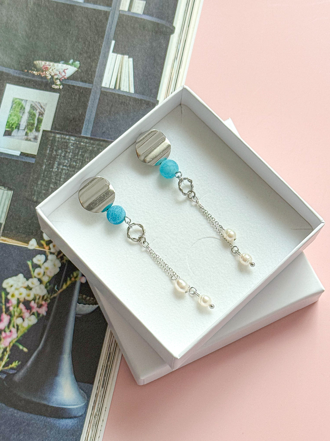 Boucles d'oreilles MARTINE - Agate bleue et Perle d'eau douce