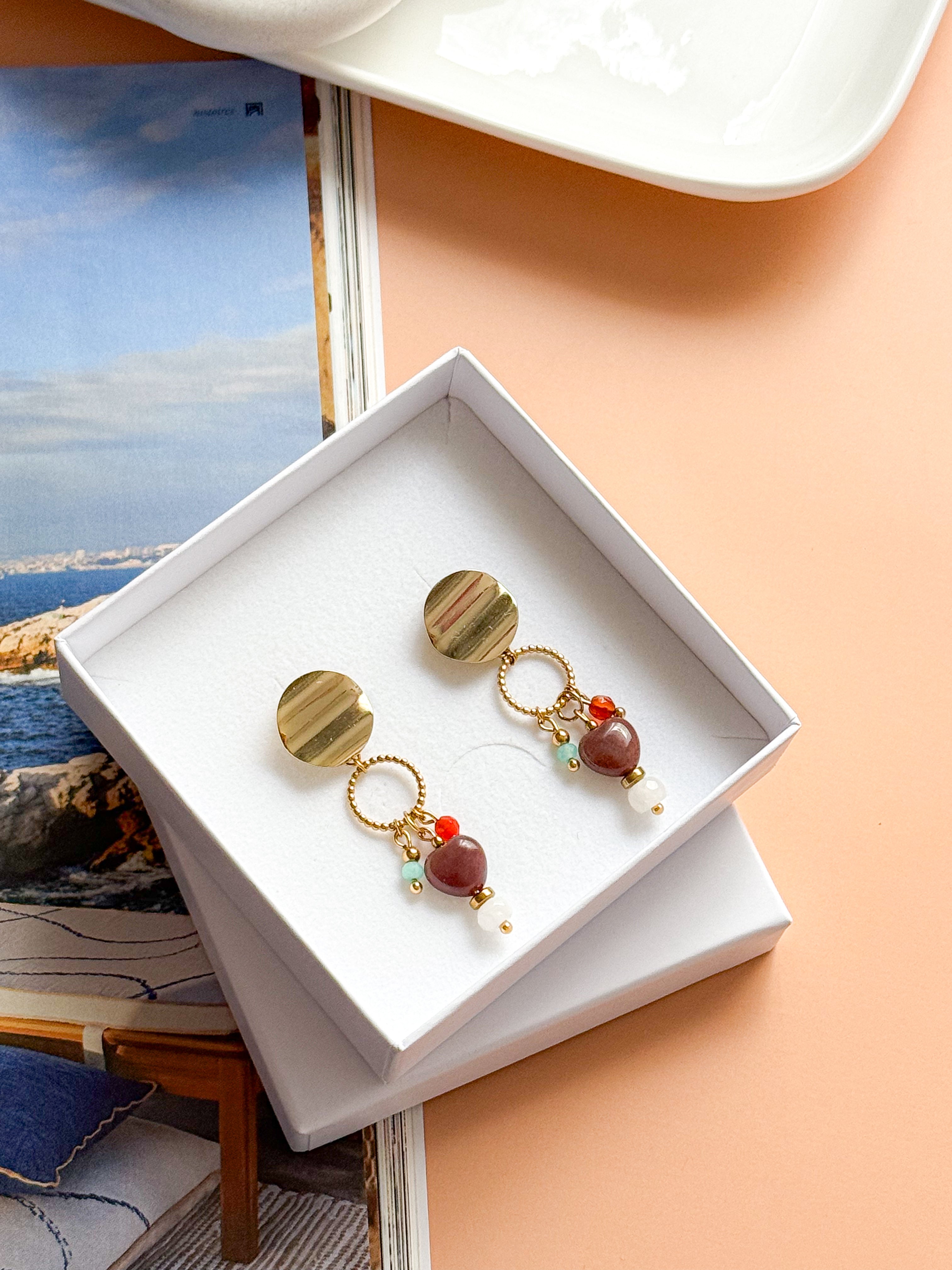 Boucles d'oreilles ÉMILIE - Agate mousse, Amazonite, Pierre de Lune et Agate orange