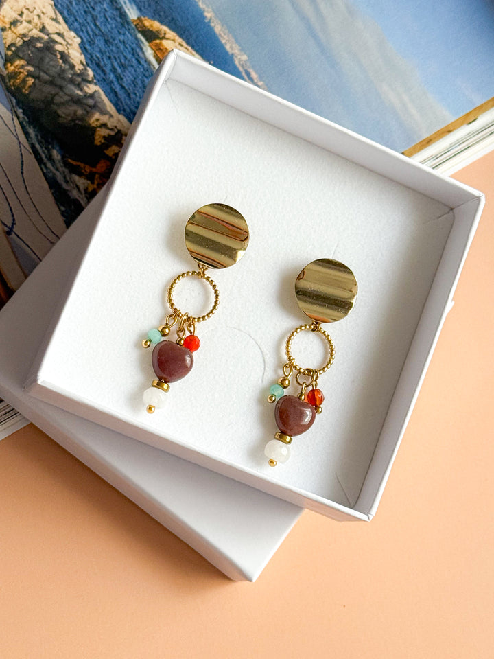 Boucles d'oreilles ÉMILIE - Agate mousse, Amazonite, Pierre de Lune et Agate orange