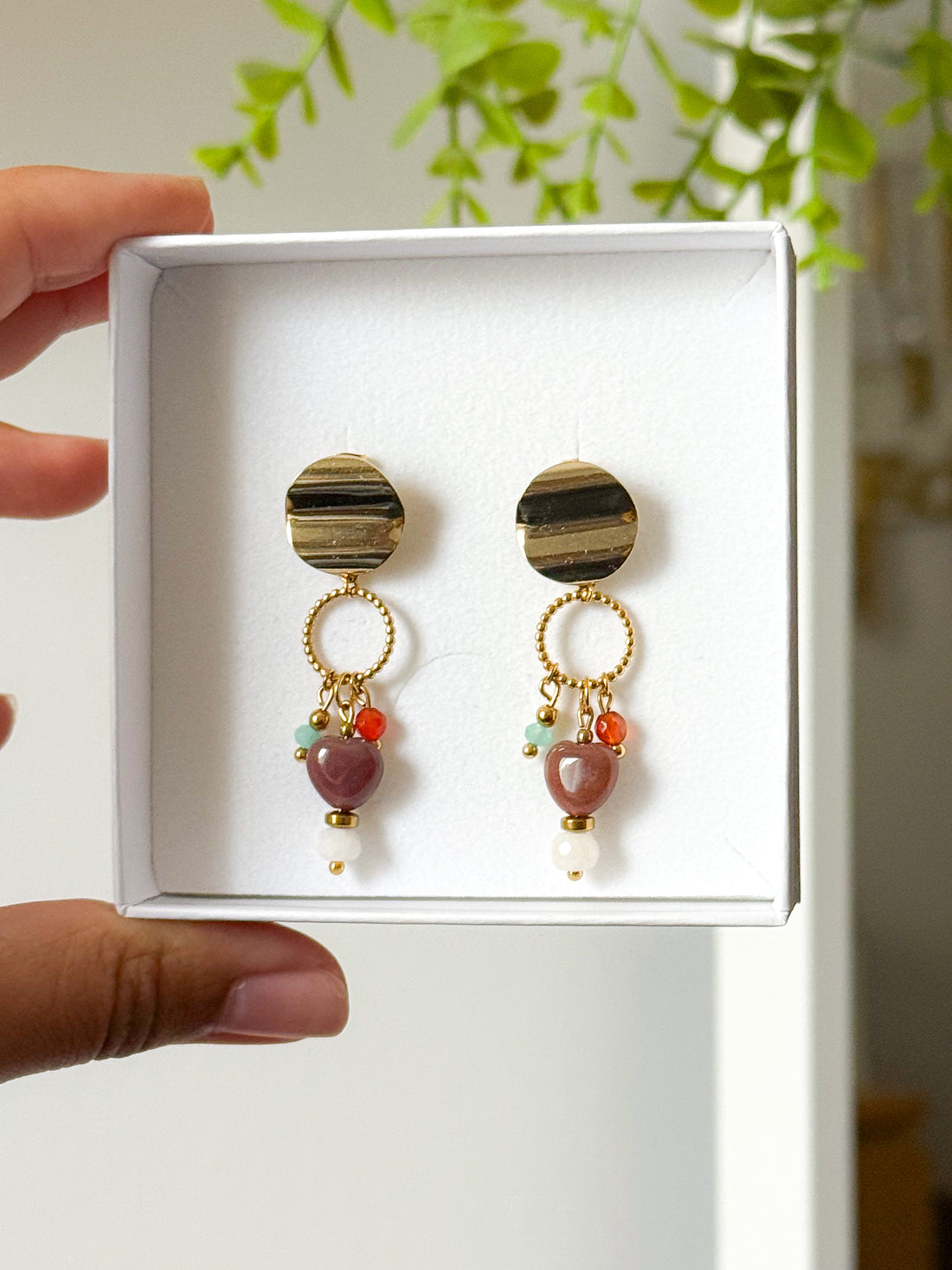 Boucles d'oreilles ÉMILIE - Agate mousse, Amazonite, Pierre de Lune et Agate orange