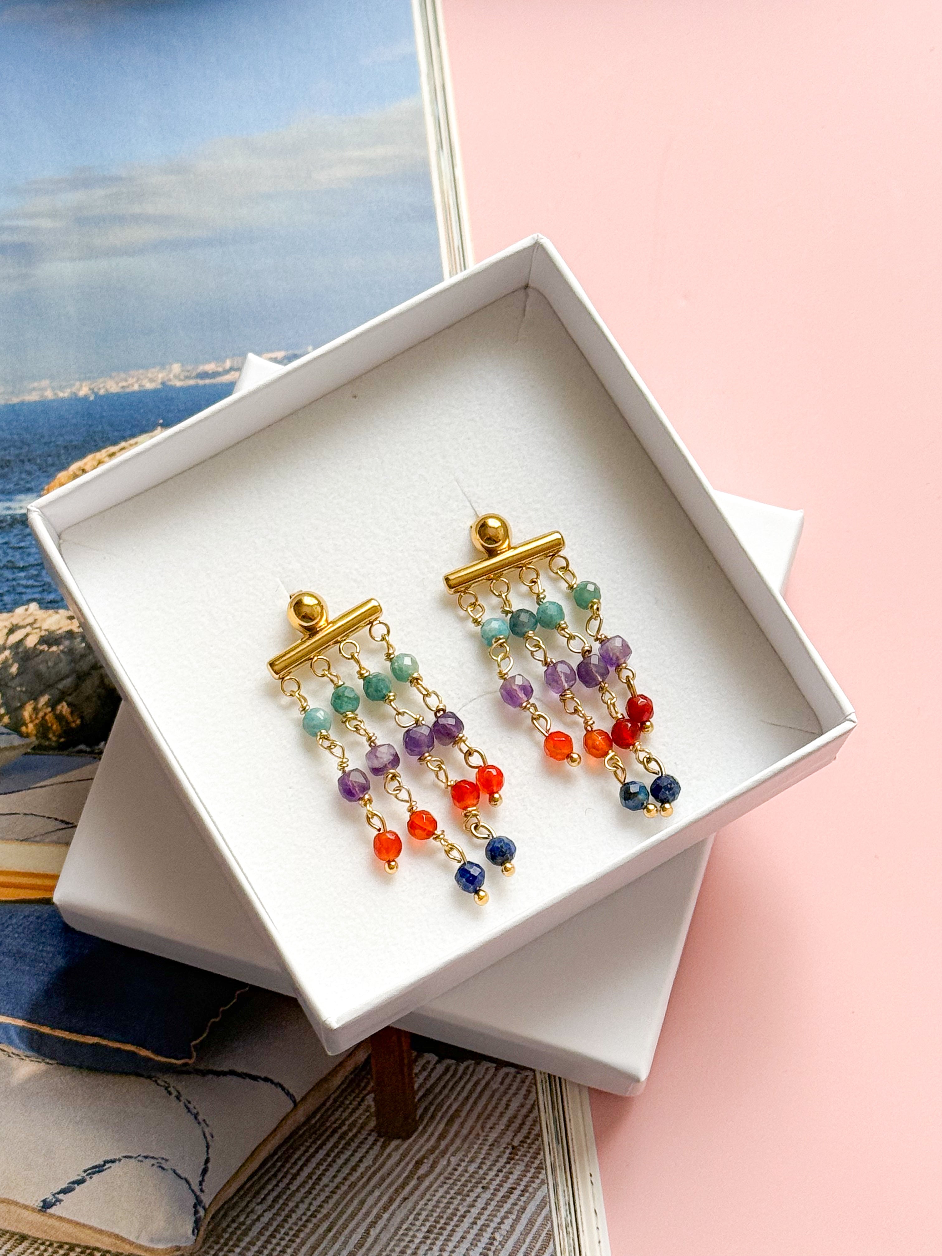 Boucles d'oreilles ODETTE - Lapis Lazuli, Améthyste, Agate orange et Turquoise