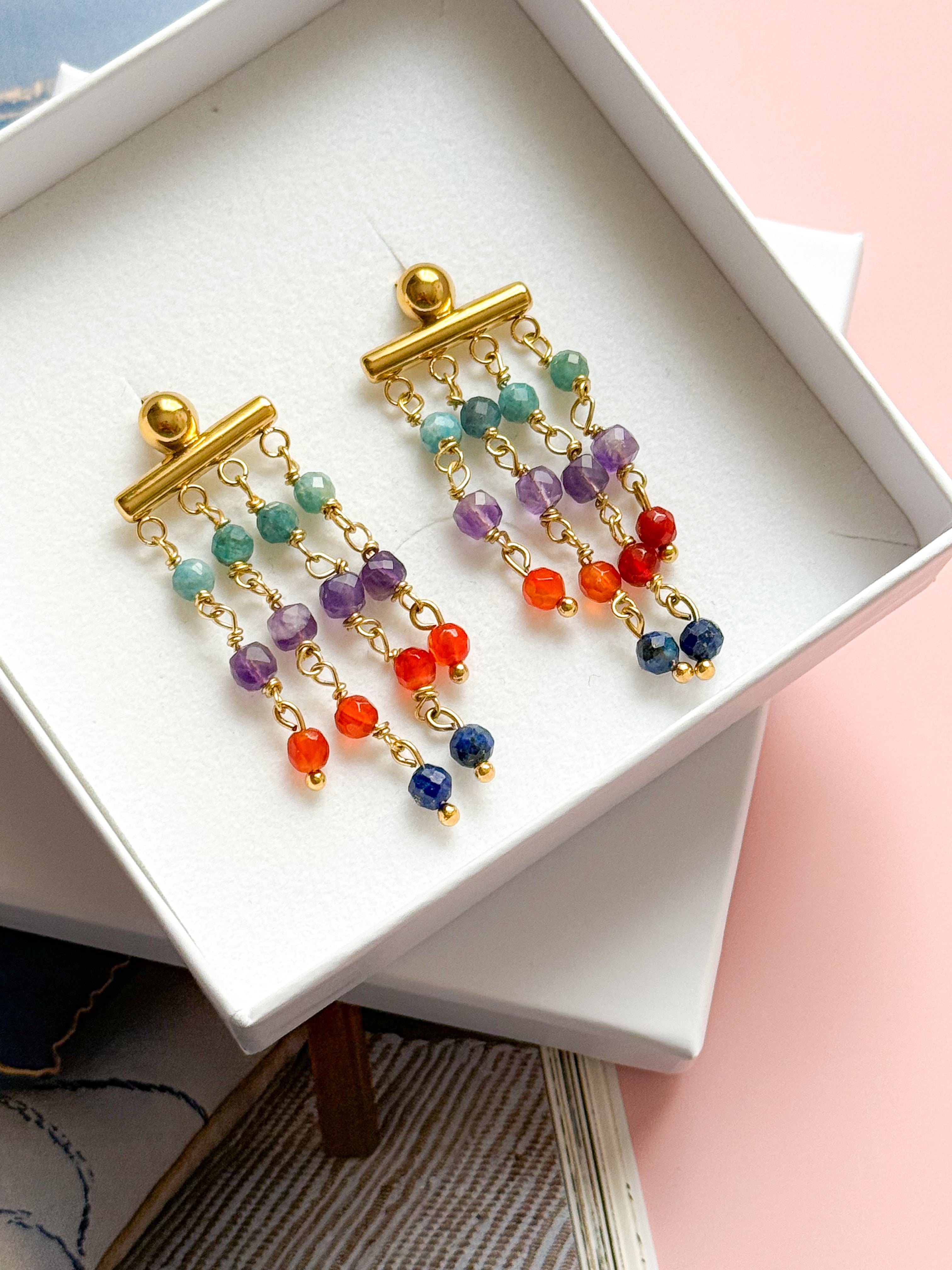 Boucles d'oreilles ODETTE - Lapis Lazuli, Améthyste, Agate orange et Turquoise