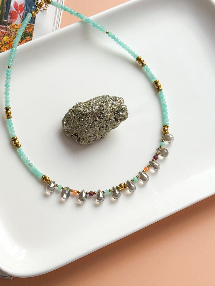 Collier EZRA - Amazonite, Pierre de soleil, Rubis