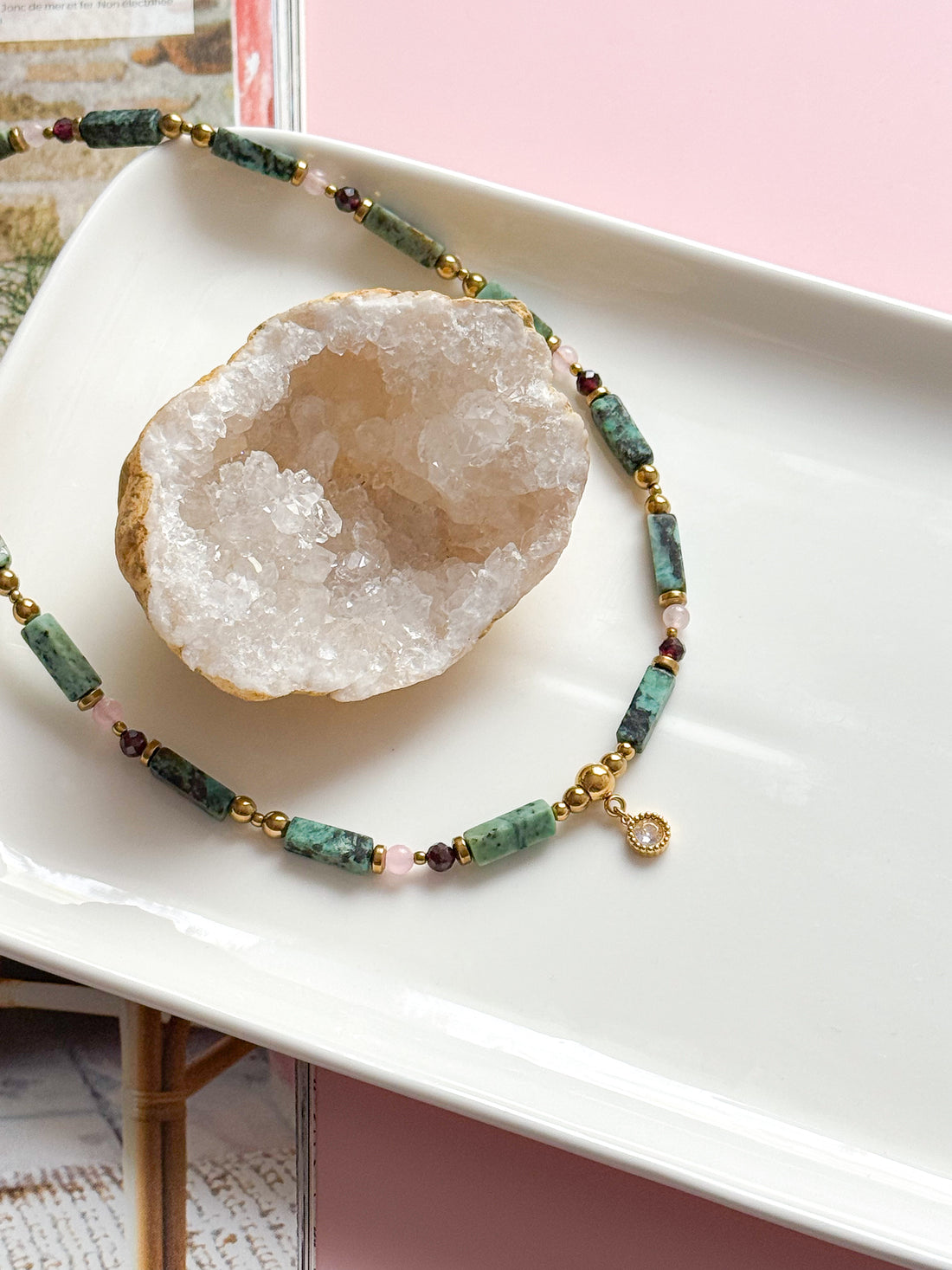 Collier LUCILLE - Turquoise, Grenat, Quartz rose