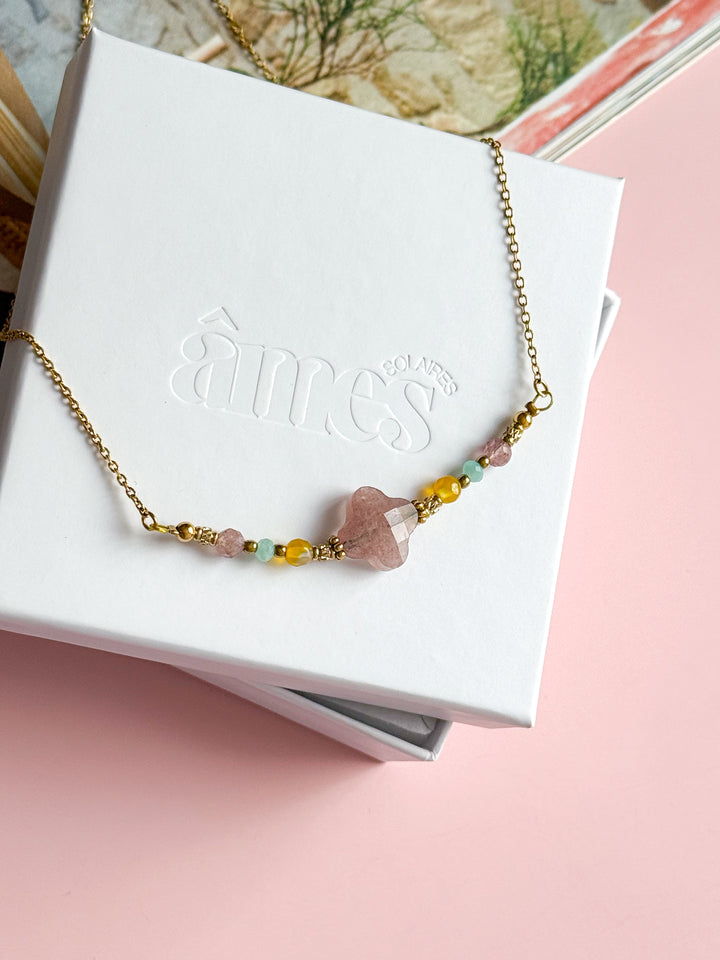 Collier MIA doré - Quartz fraise, Agate jaune et Amazonite