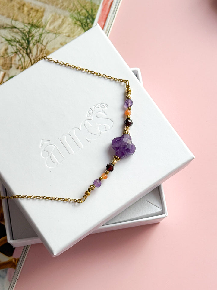 Collier MIA doré - Améthyste, Grenat et Pierre de Soleil