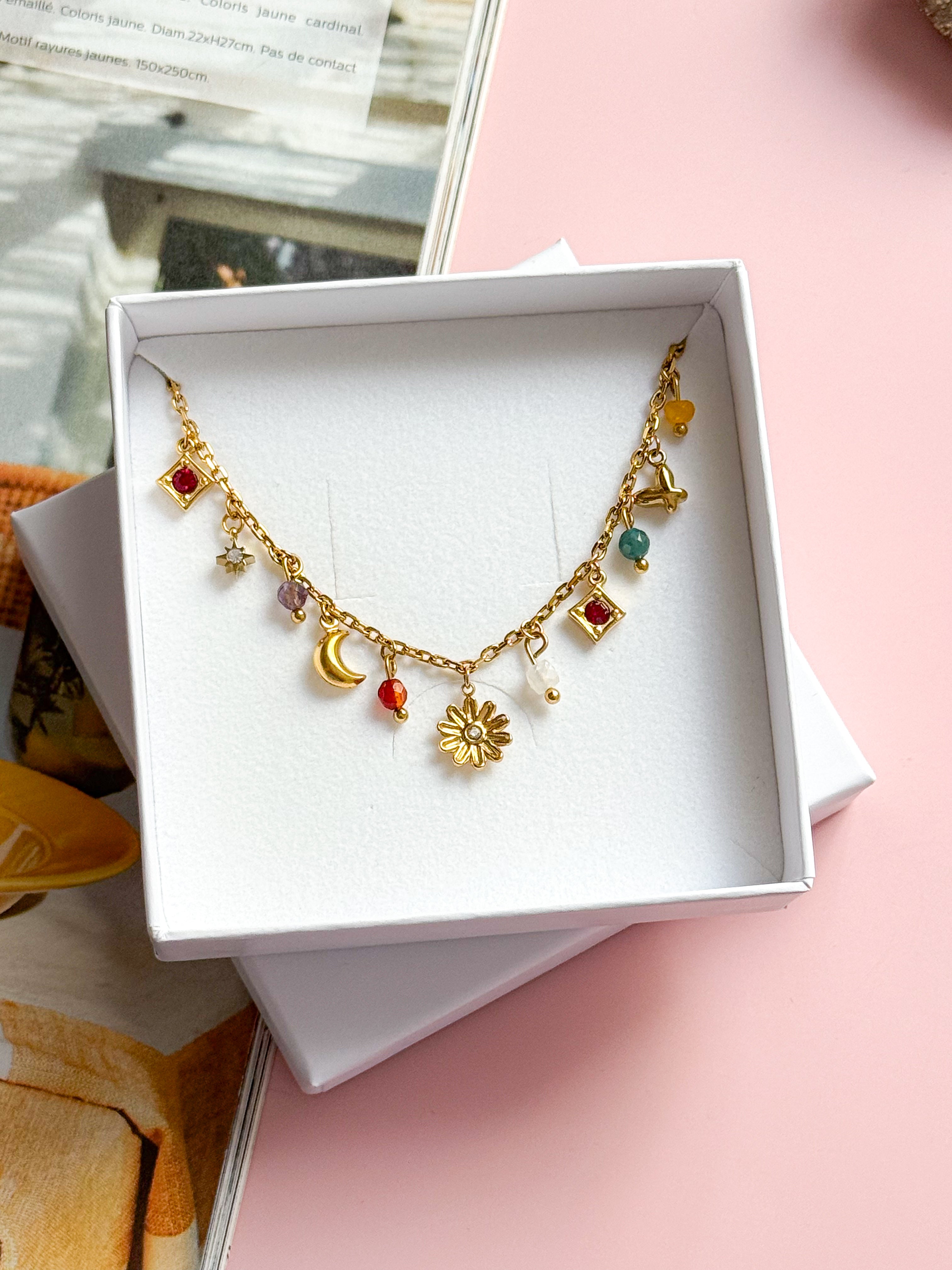 Collier LYDIE - Améthyste, Quartz jaune, Turquoise, Pierre de Lune, Agate
