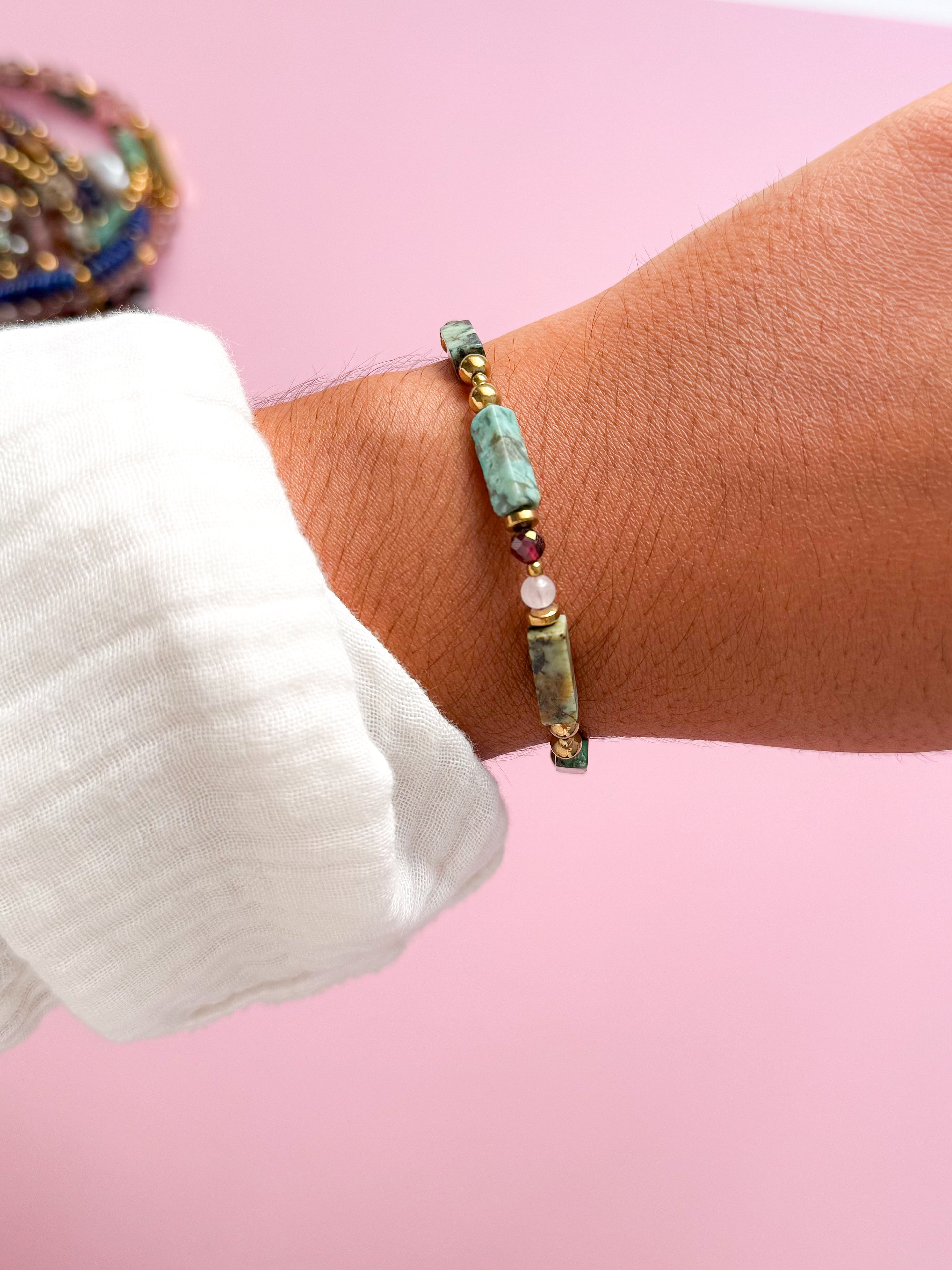 Bracelet SUZETTE - Turquoise, Grenat, Quartz rose