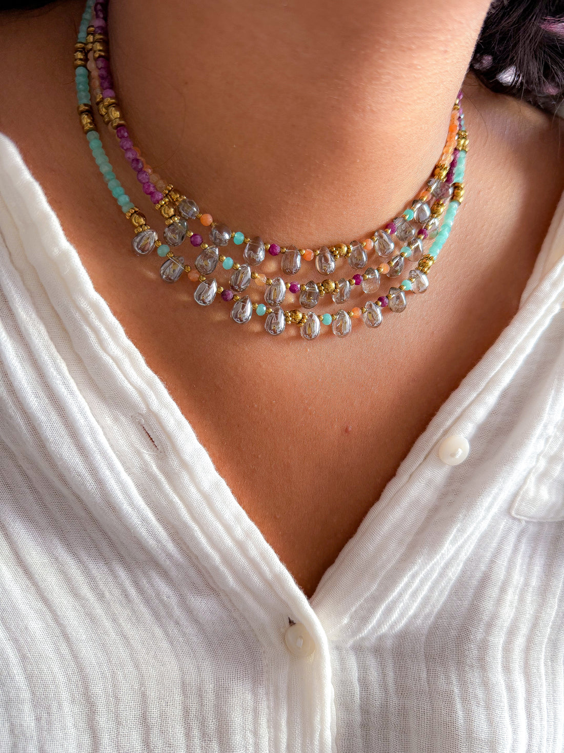 Collier EZRA - Amazonite, Pierre de soleil, Rubis