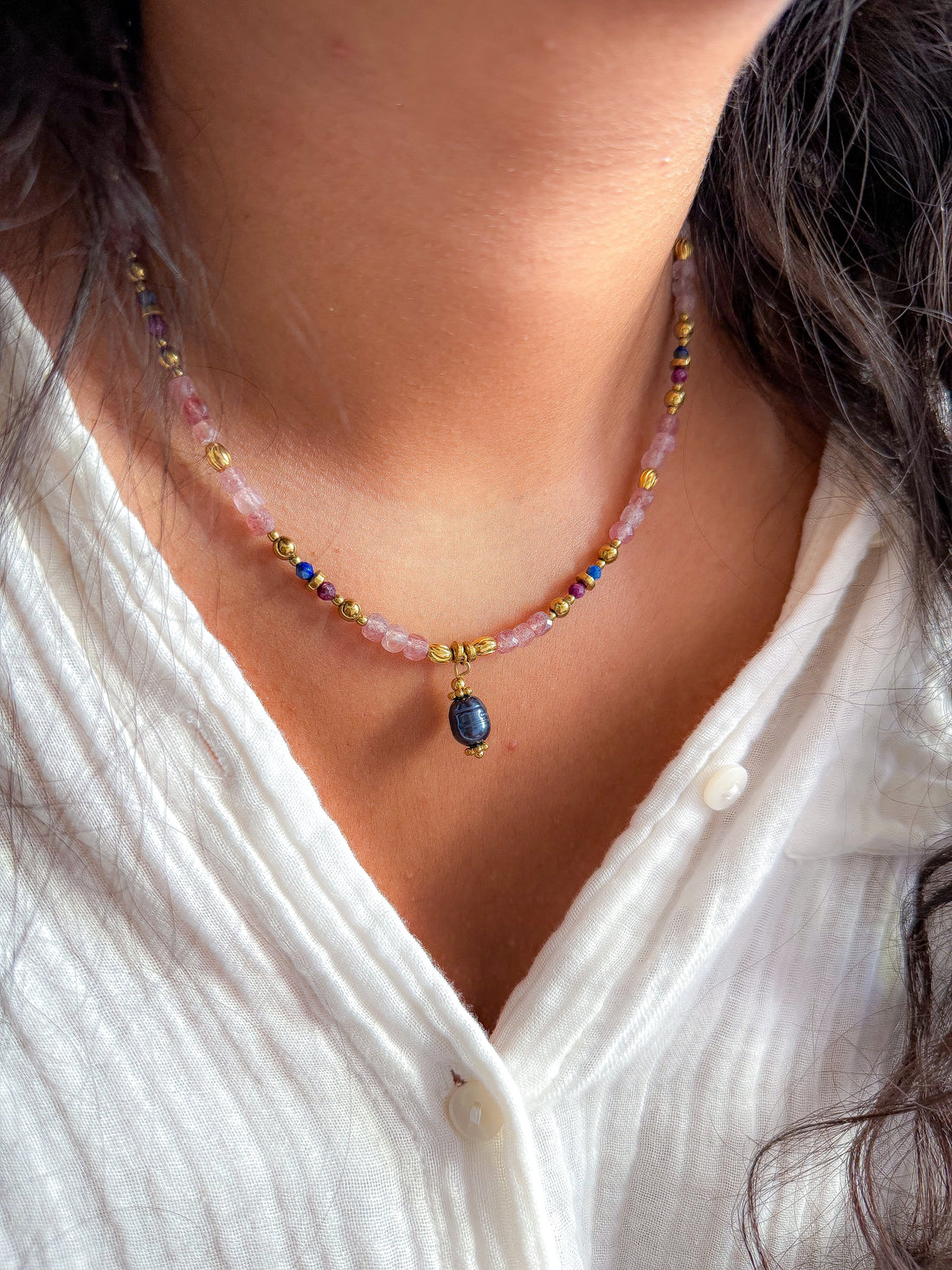Collar LEELOO - Granito rojo y ágata india