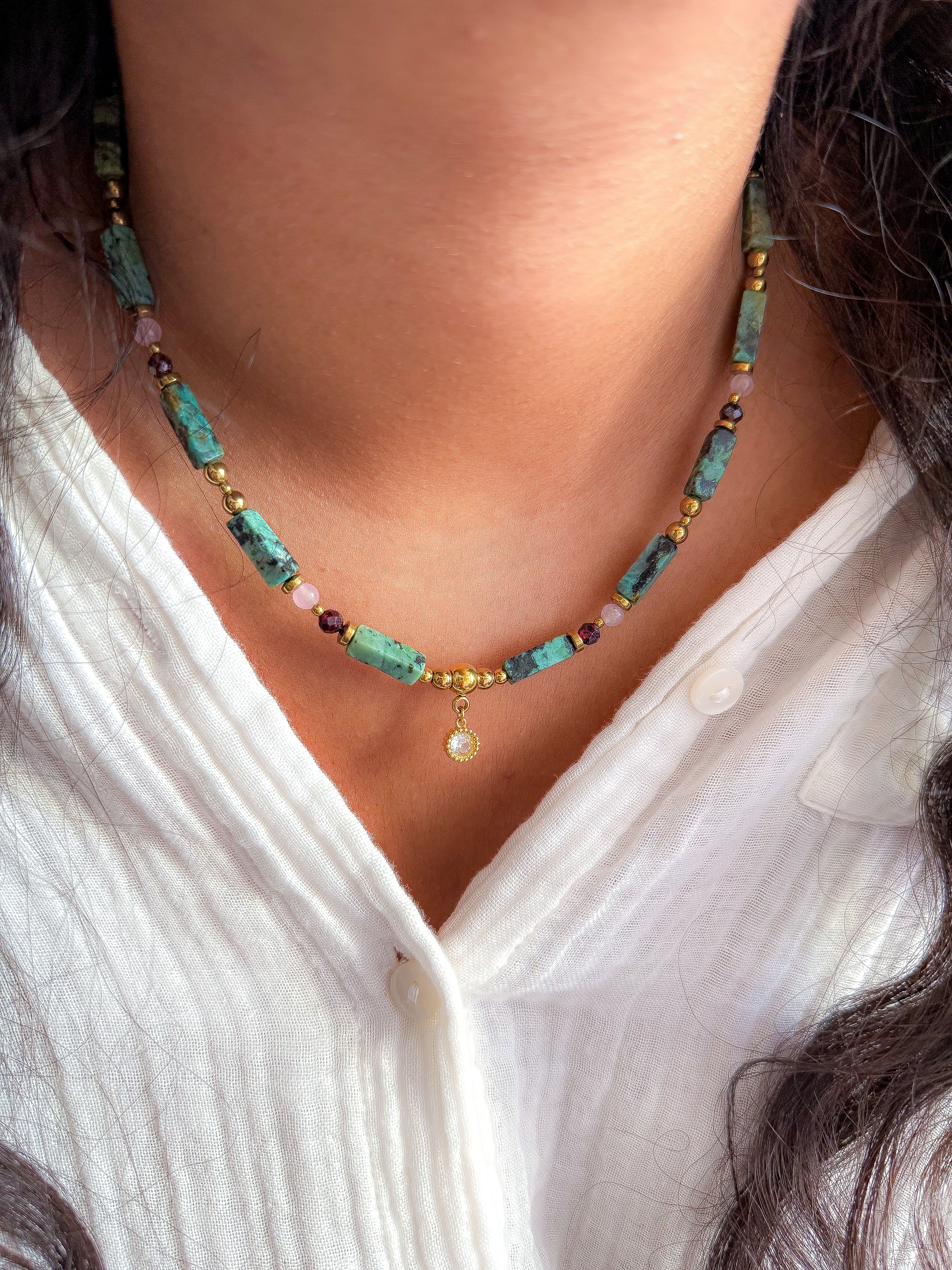 Collier LUCILLE - Turquoise, Grenat, Quartz rose