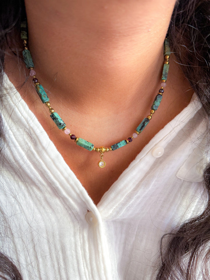 Collier LUCILLE - Turquoise, Grenat, Quartz rose