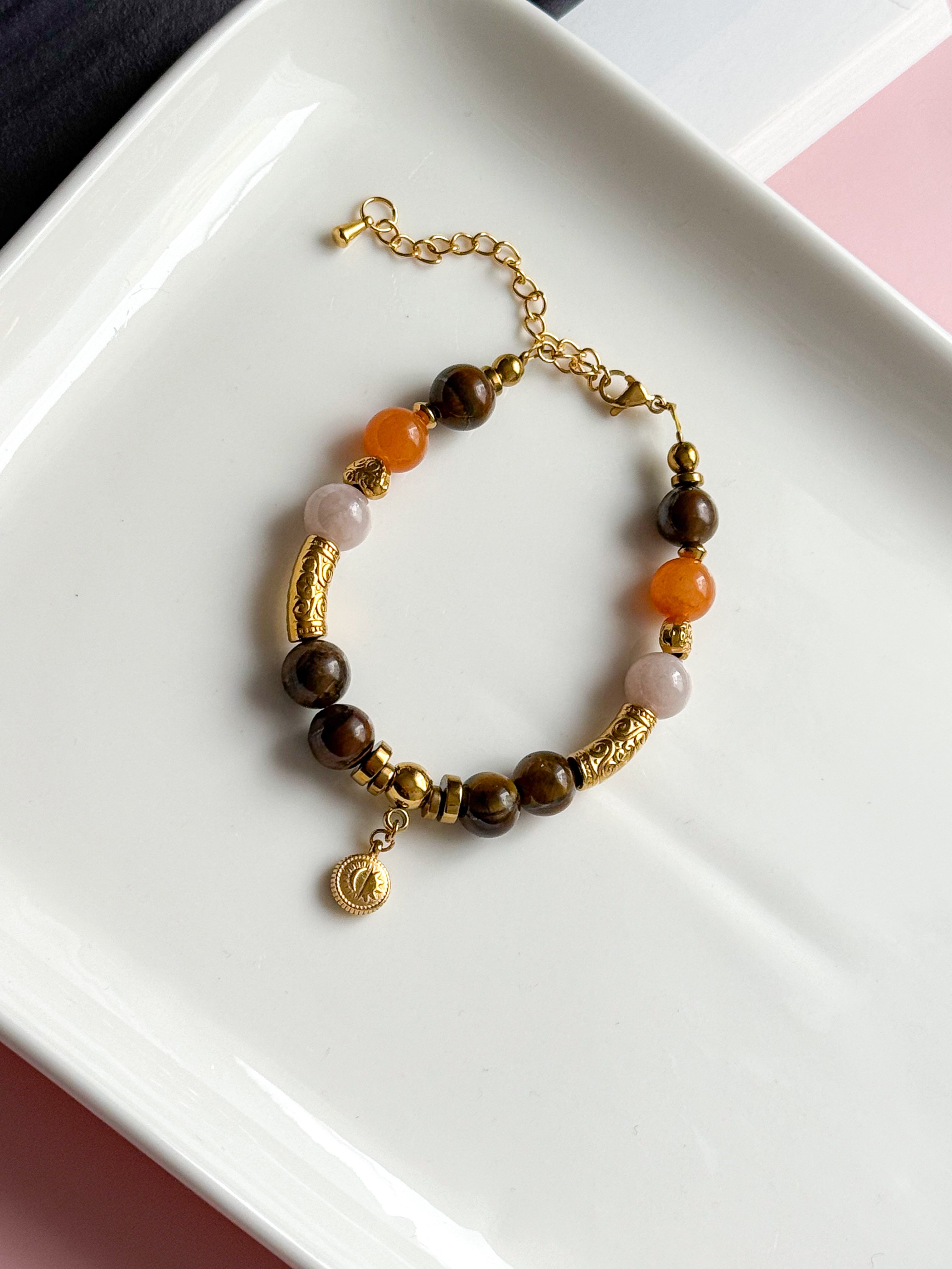 Bracelet GABRIELLE - Oeil de Tigre, Quartz orange et Calcite