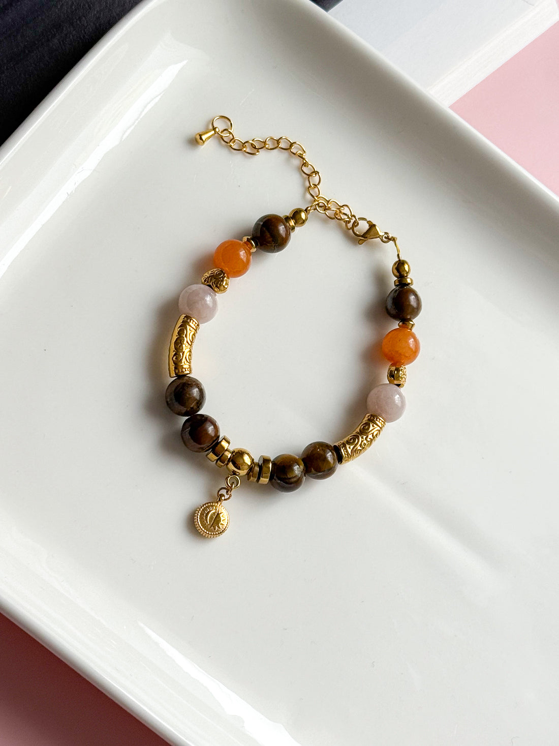 Bracelet GABRIELLE - Oeil de Tigre, Quartz orange et Calcite
